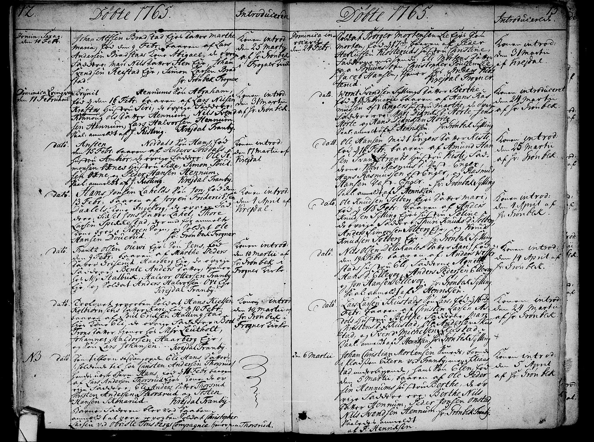 Lier kirkebøker, AV/SAKO-A-230/F/Fa/L0005: Parish register (official) no. I 5, 1764-1777, p. 12-13