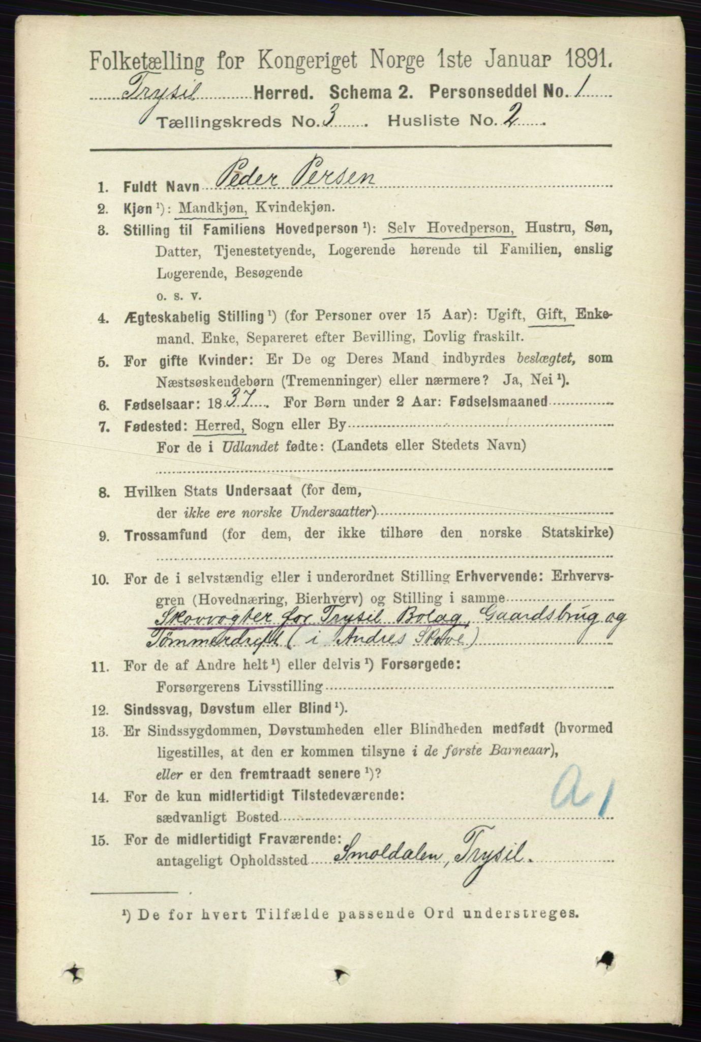 RA, 1891 census for 0428 Trysil, 1891, p. 1332