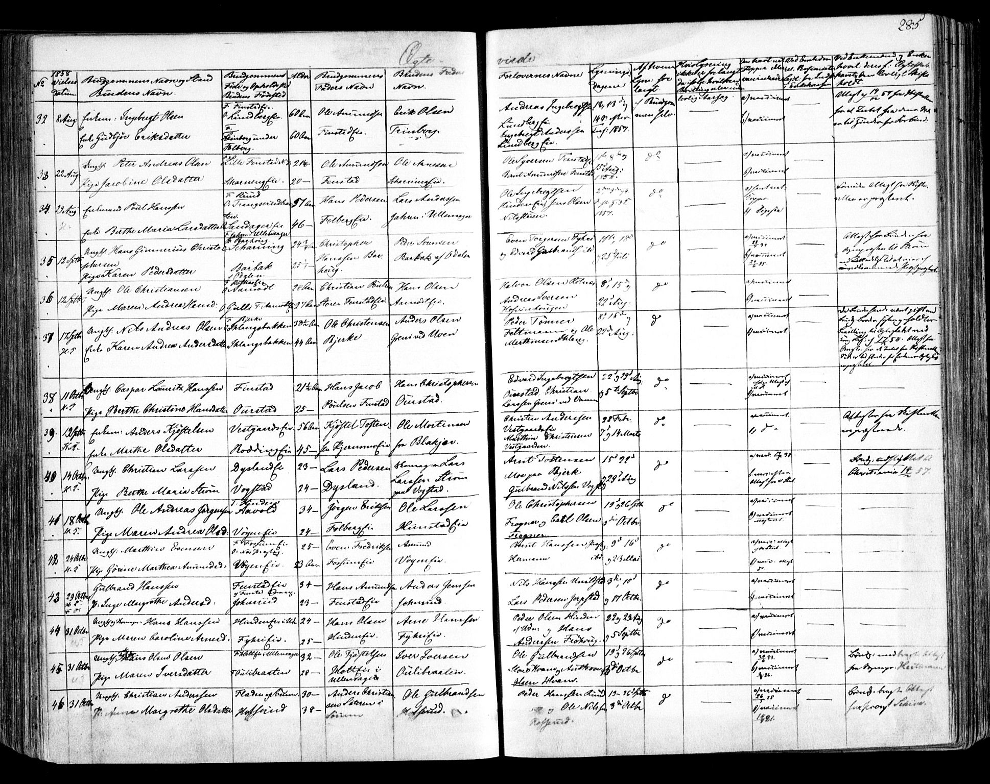 Nes prestekontor Kirkebøker, AV/SAO-A-10410/F/Fa/L0007: Parish register (official) no. I 7, 1846-1858, p. 285