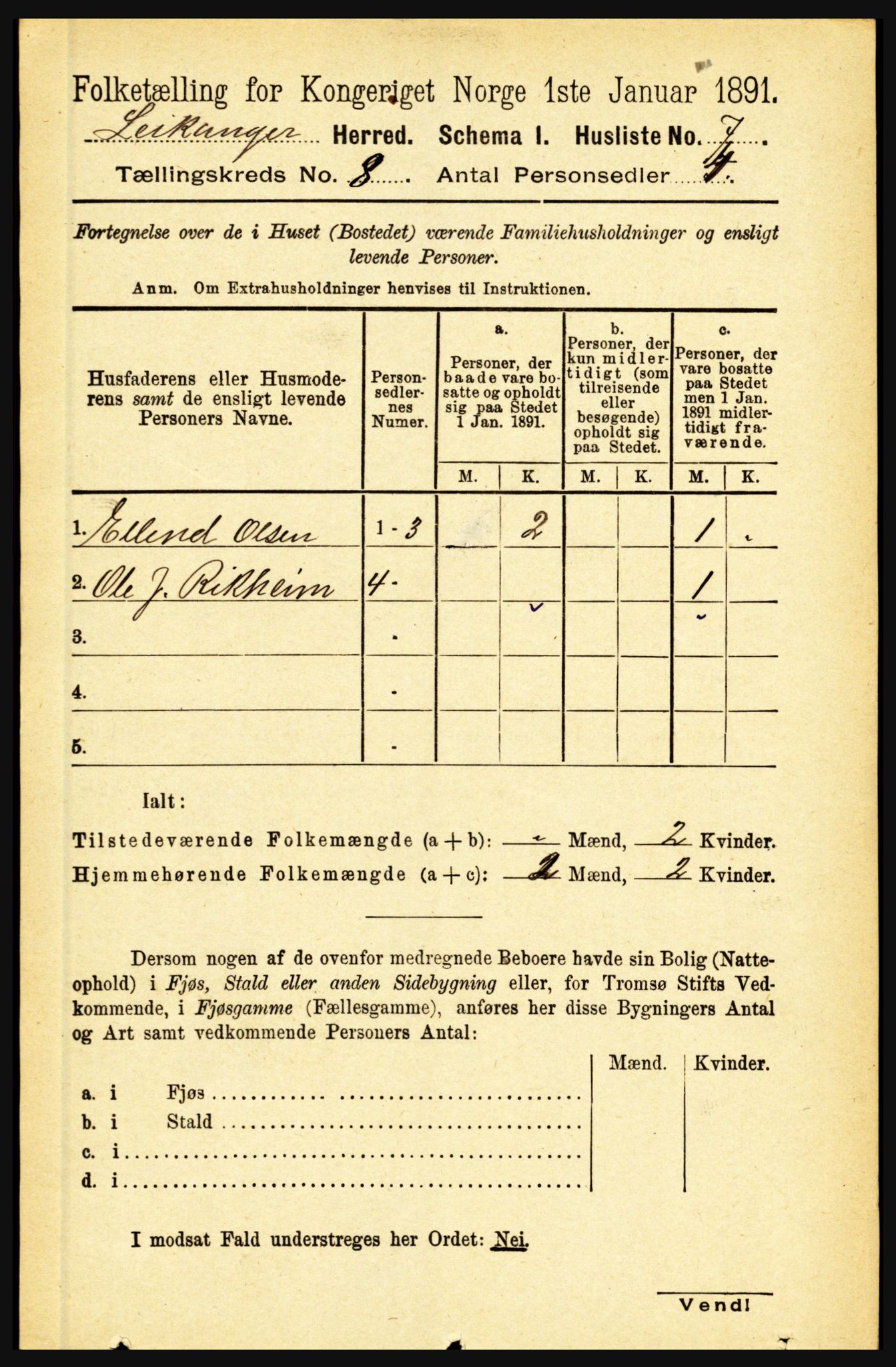 RA, 1891 census for 1419 Leikanger, 1891, p. 1566