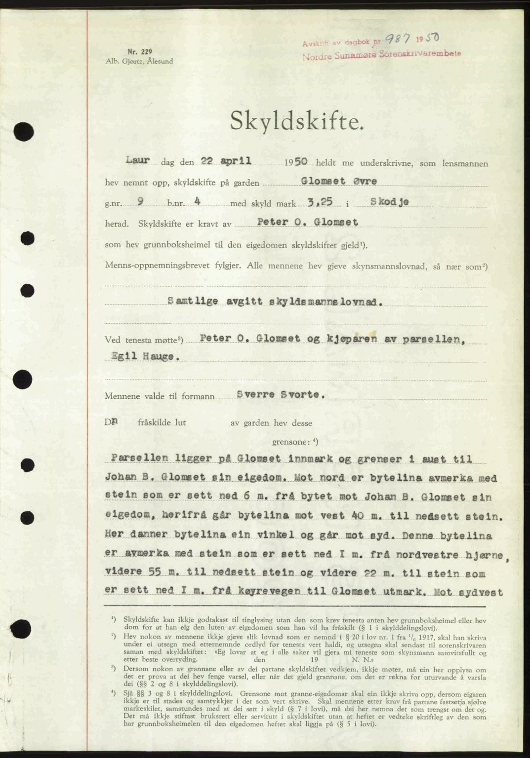 Nordre Sunnmøre sorenskriveri, AV/SAT-A-0006/1/2/2C/2Ca: Mortgage book no. A34, 1950-1950, Diary no: : 987/1950