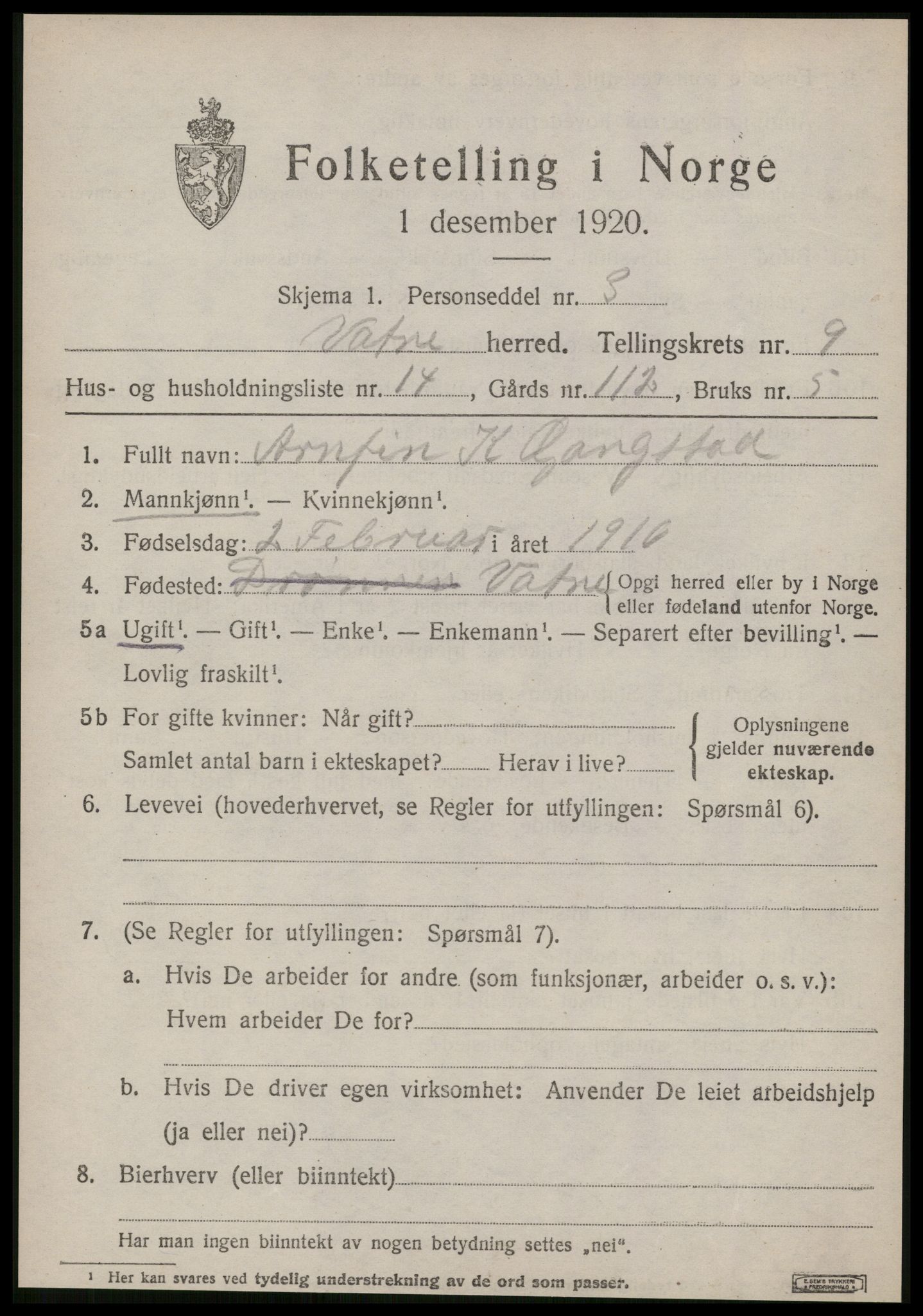 SAT, 1920 census for Vatne, 1920, p. 3864