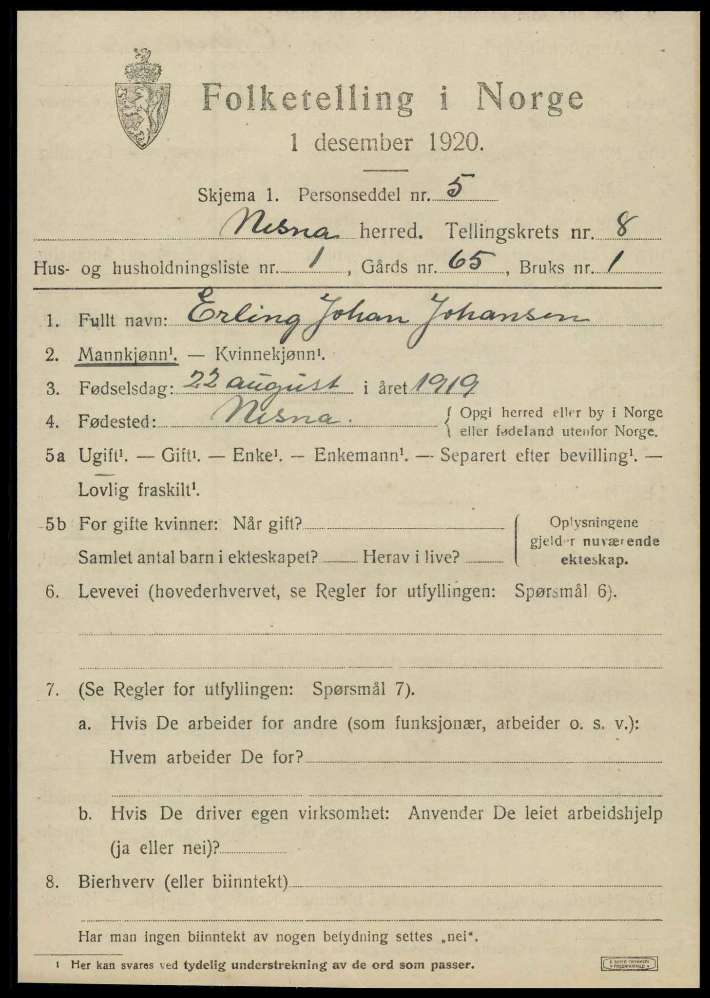 SAT, 1920 census for Nesna, 1920, p. 6563