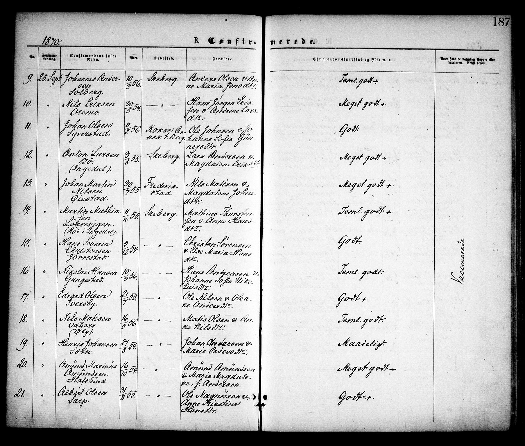 Skjeberg prestekontor Kirkebøker, SAO/A-10923/F/Fa/L0008: Parish register (official) no. I 8, 1869-1885, p. 187