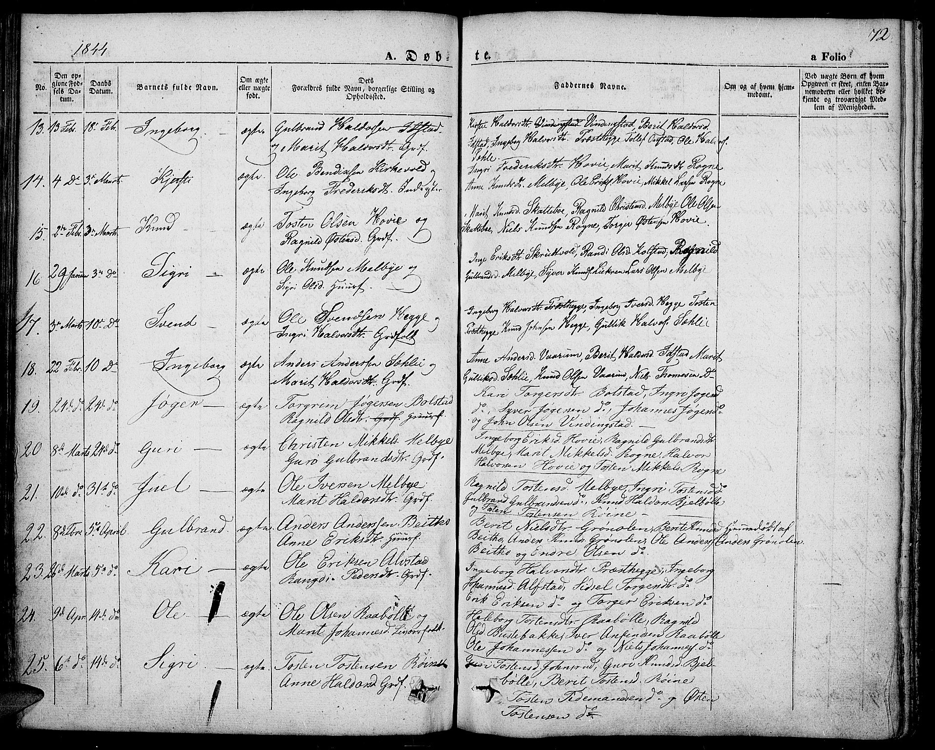 Slidre prestekontor, SAH/PREST-134/H/Ha/Haa/L0004: Parish register (official) no. 4, 1831-1848, p. 72