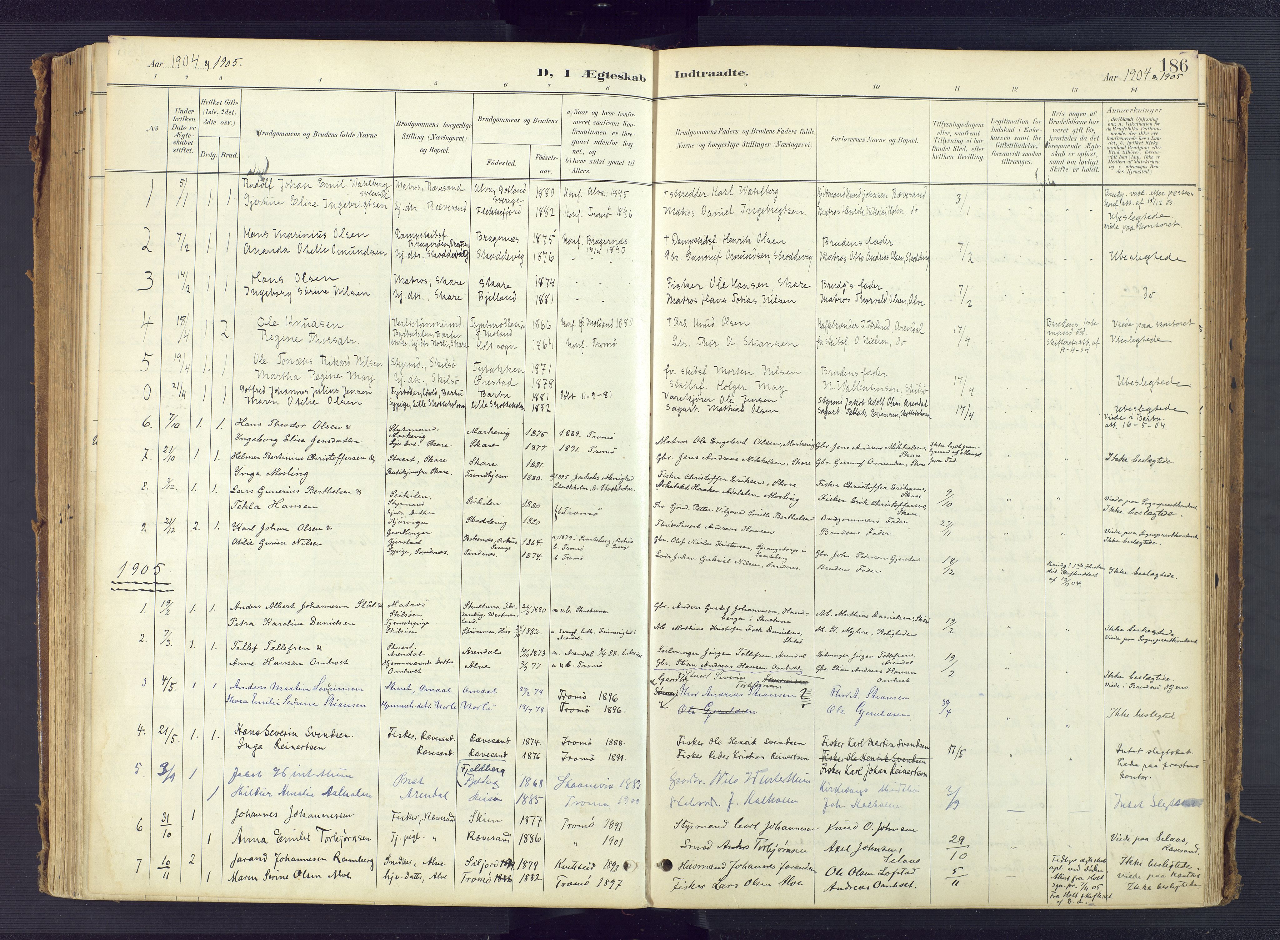 Tromøy sokneprestkontor, AV/SAK-1111-0041/F/Fa/L0010: Parish register (official) no. A 10, 1896-1912, p. 186