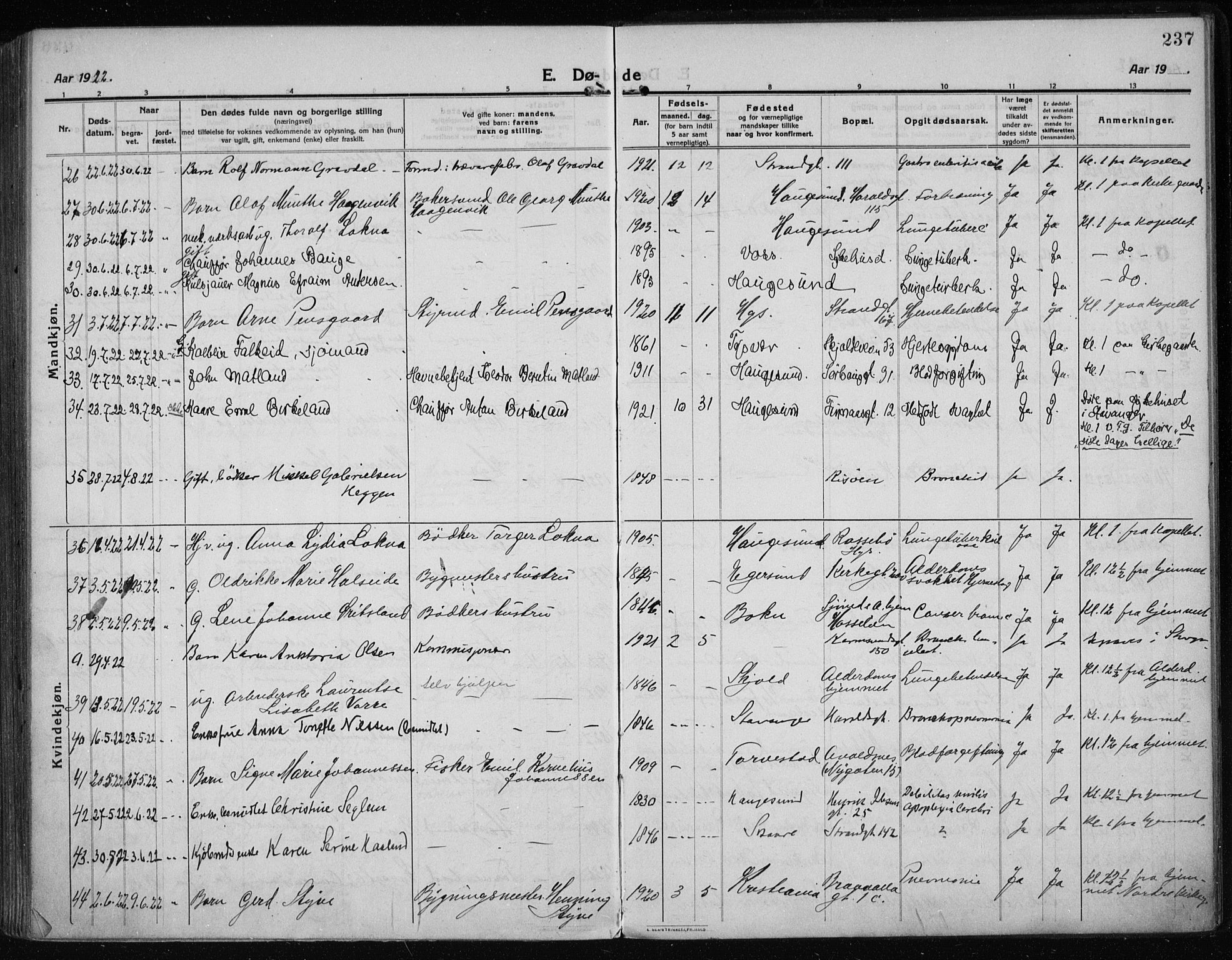 Haugesund sokneprestkontor, SAST/A -101863/H/Ha/Haa/L0009: Parish register (official) no. A 9, 1914-1929, p. 237