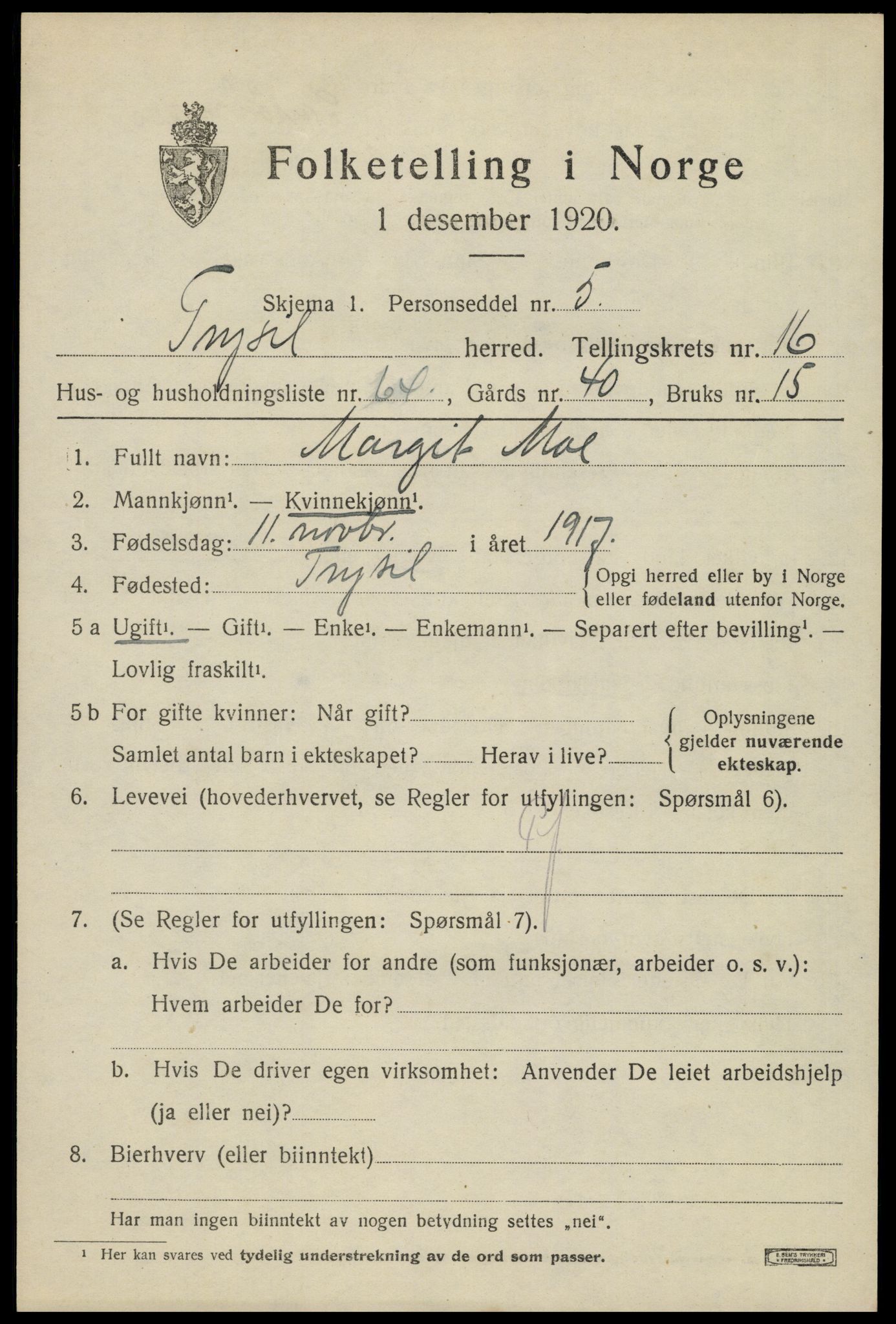 SAH, 1920 census for Trysil, 1920, p. 10175