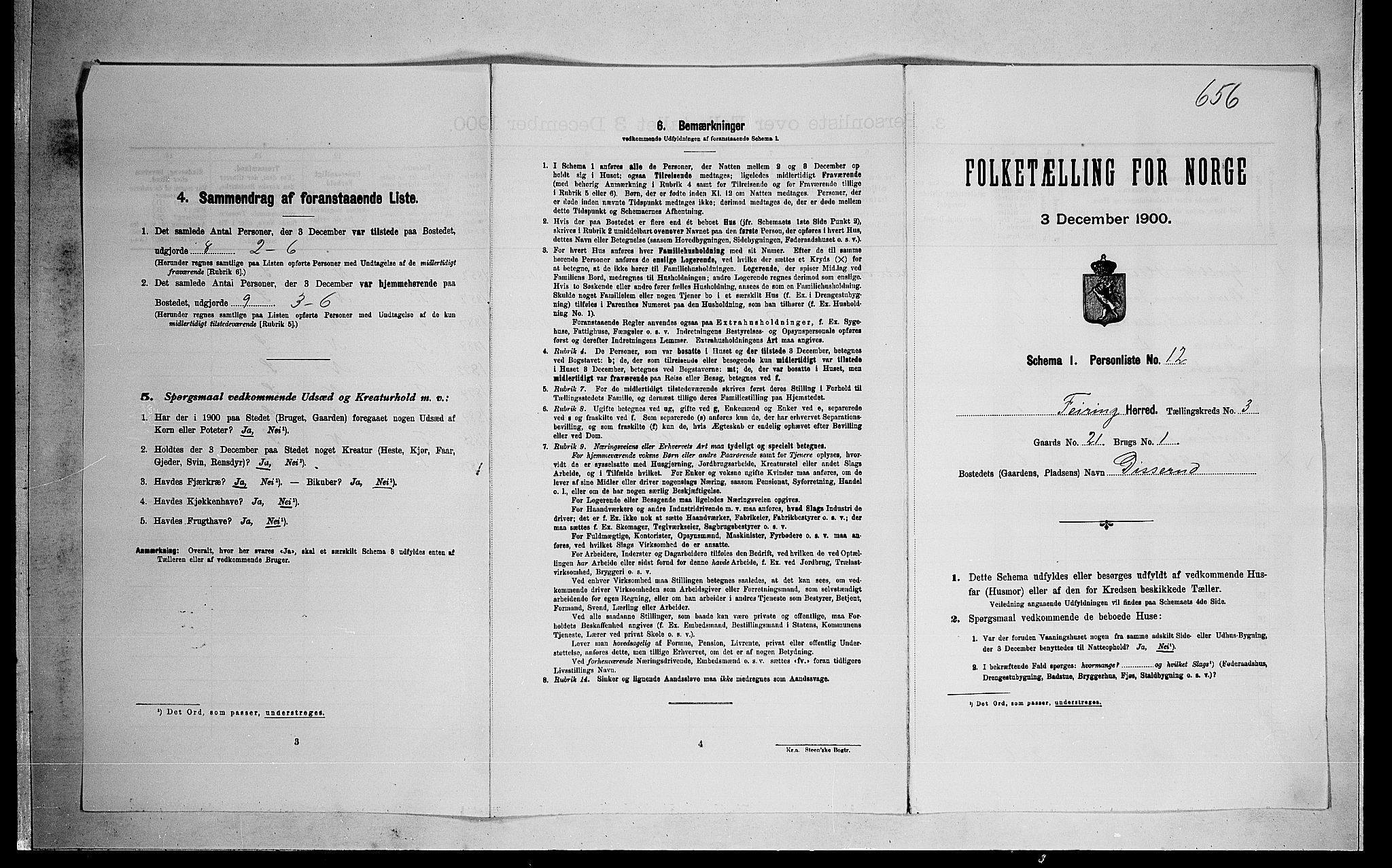 SAO, 1900 census for Feiring, 1900