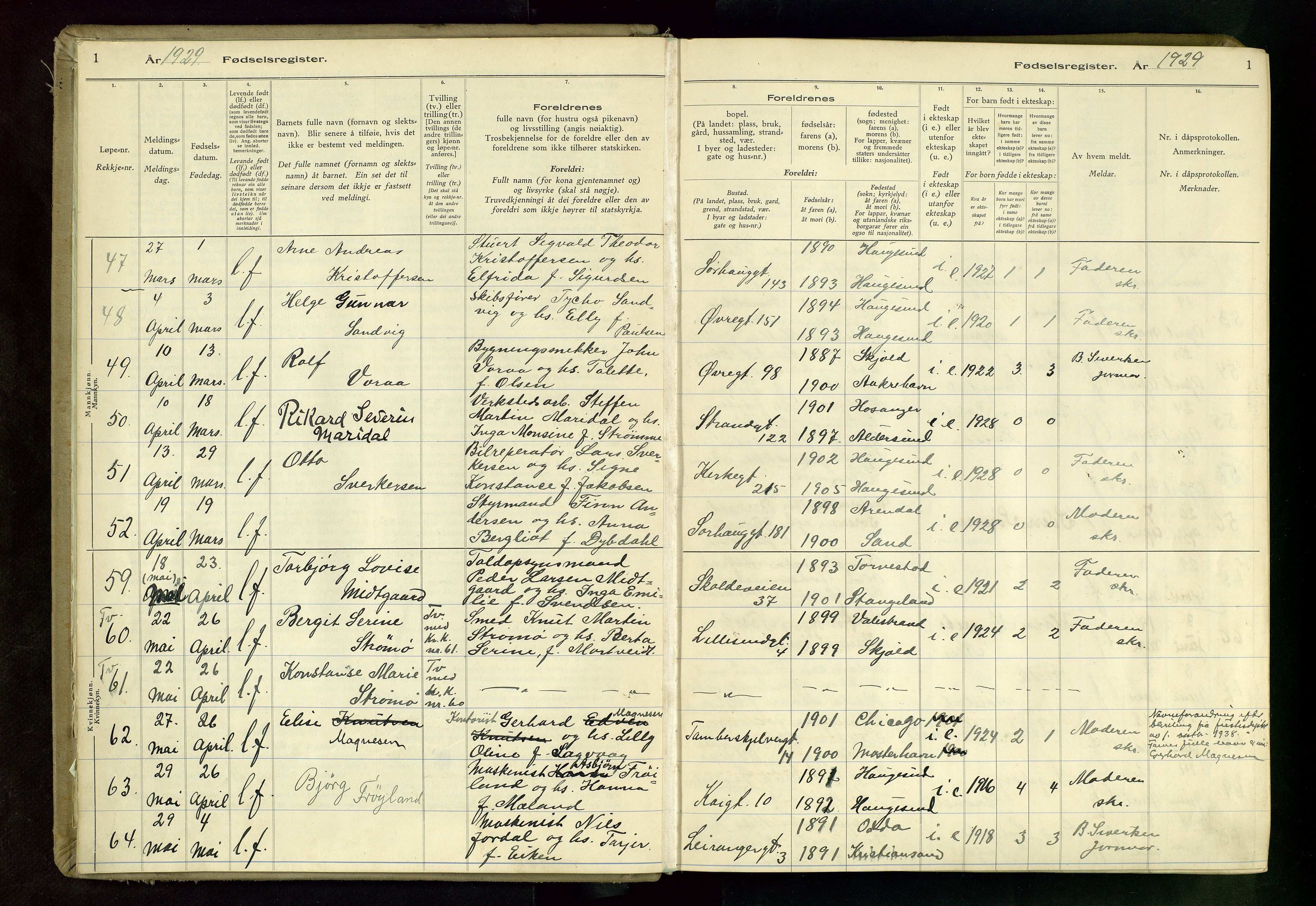 Haugesund sokneprestkontor, SAST/A -101863/I/Id/L0006: Birth register no. 6, 1929-1937, p. 1