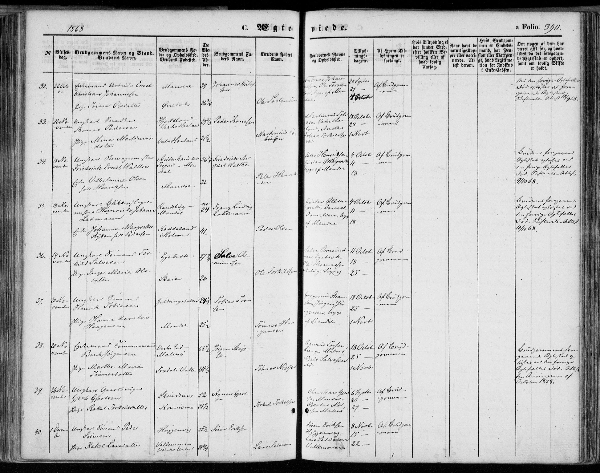 Mandal sokneprestkontor, AV/SAK-1111-0030/F/Fa/Faa/L0014: Parish register (official) no. A 14, 1859-1872, p. 390