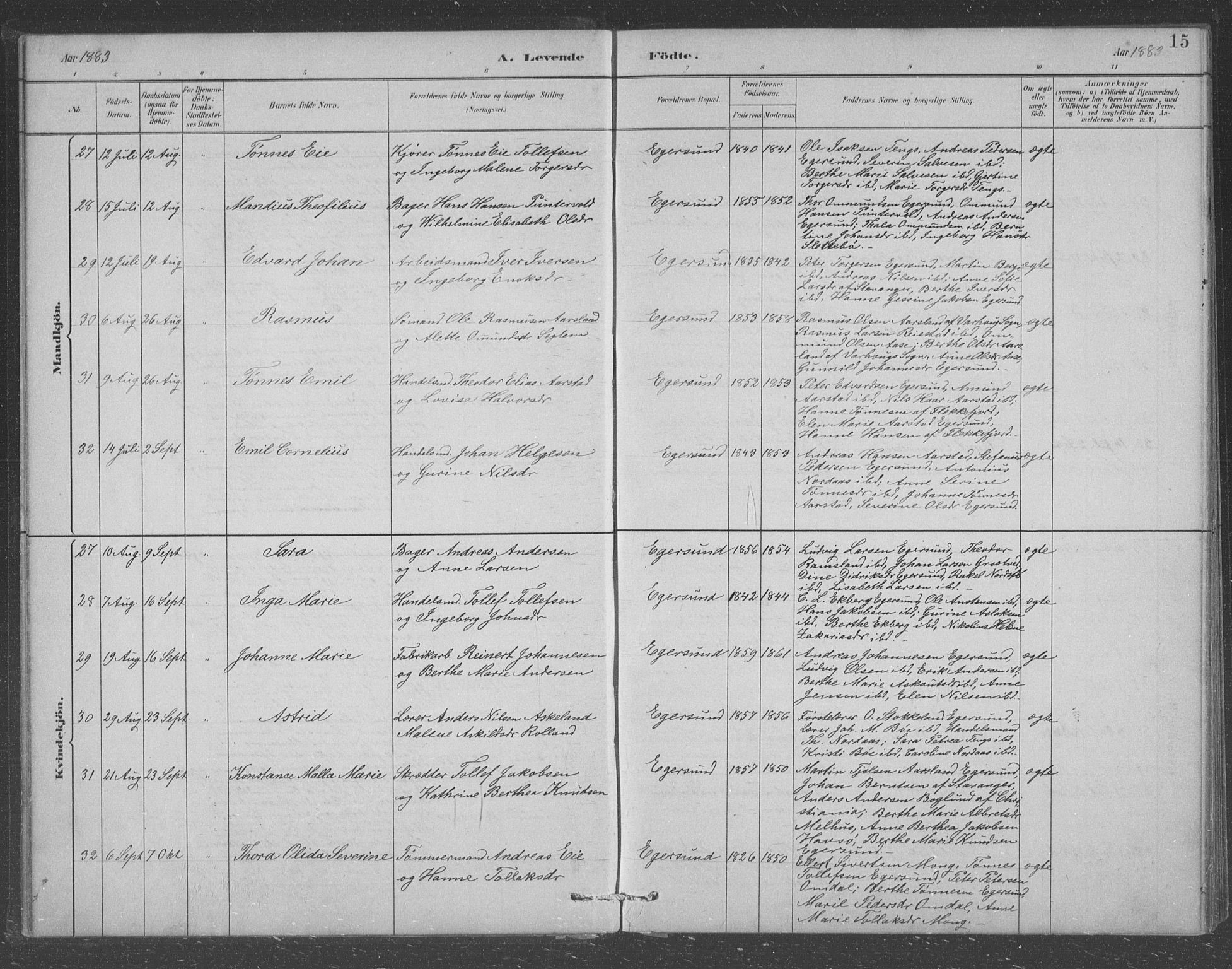 Eigersund sokneprestkontor, AV/SAST-A-101807/S09/L0008: Parish register (copy) no. B 8, 1882-1892, p. 15