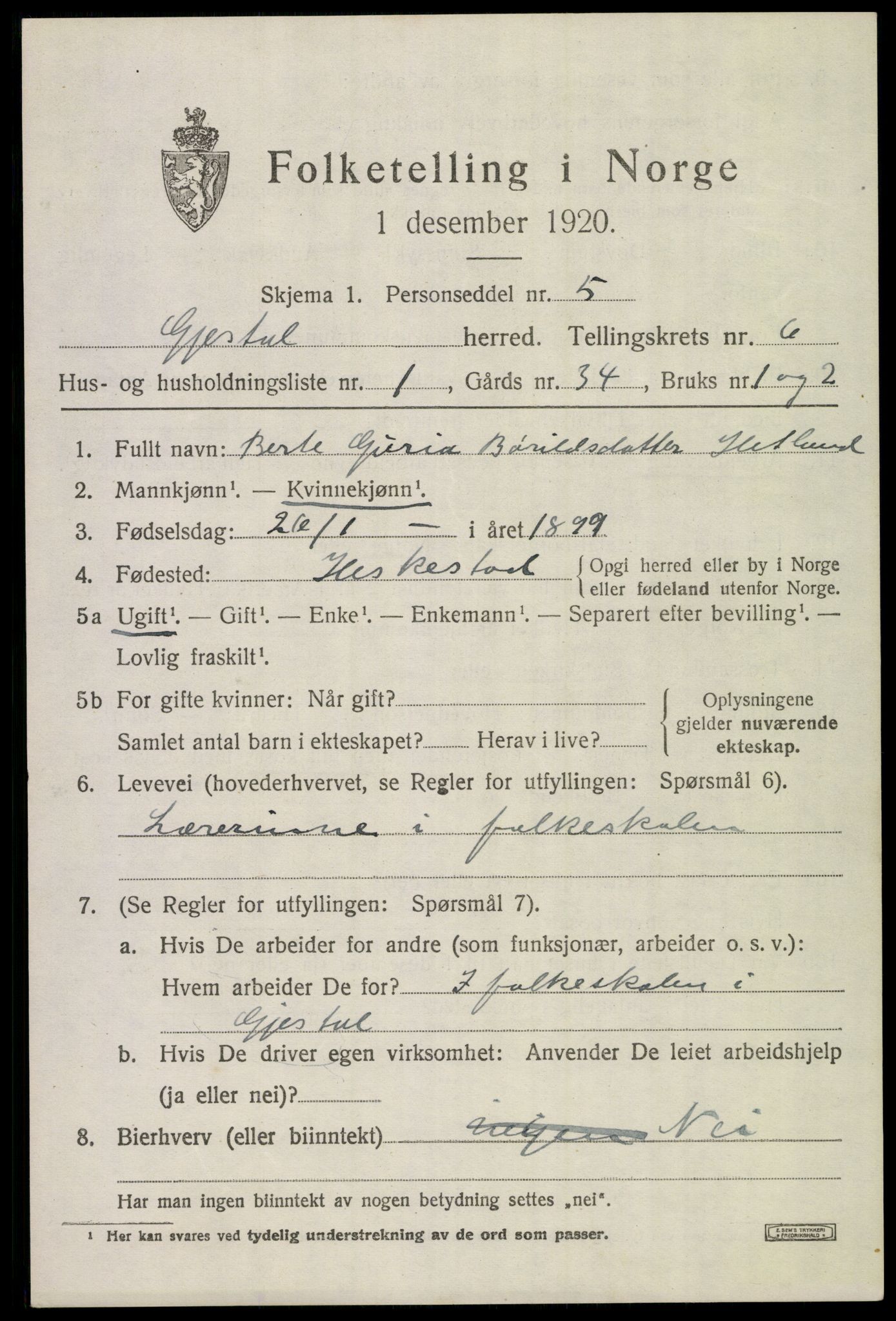 SAST, 1920 census for Gjesdal, 1920, p. 3396