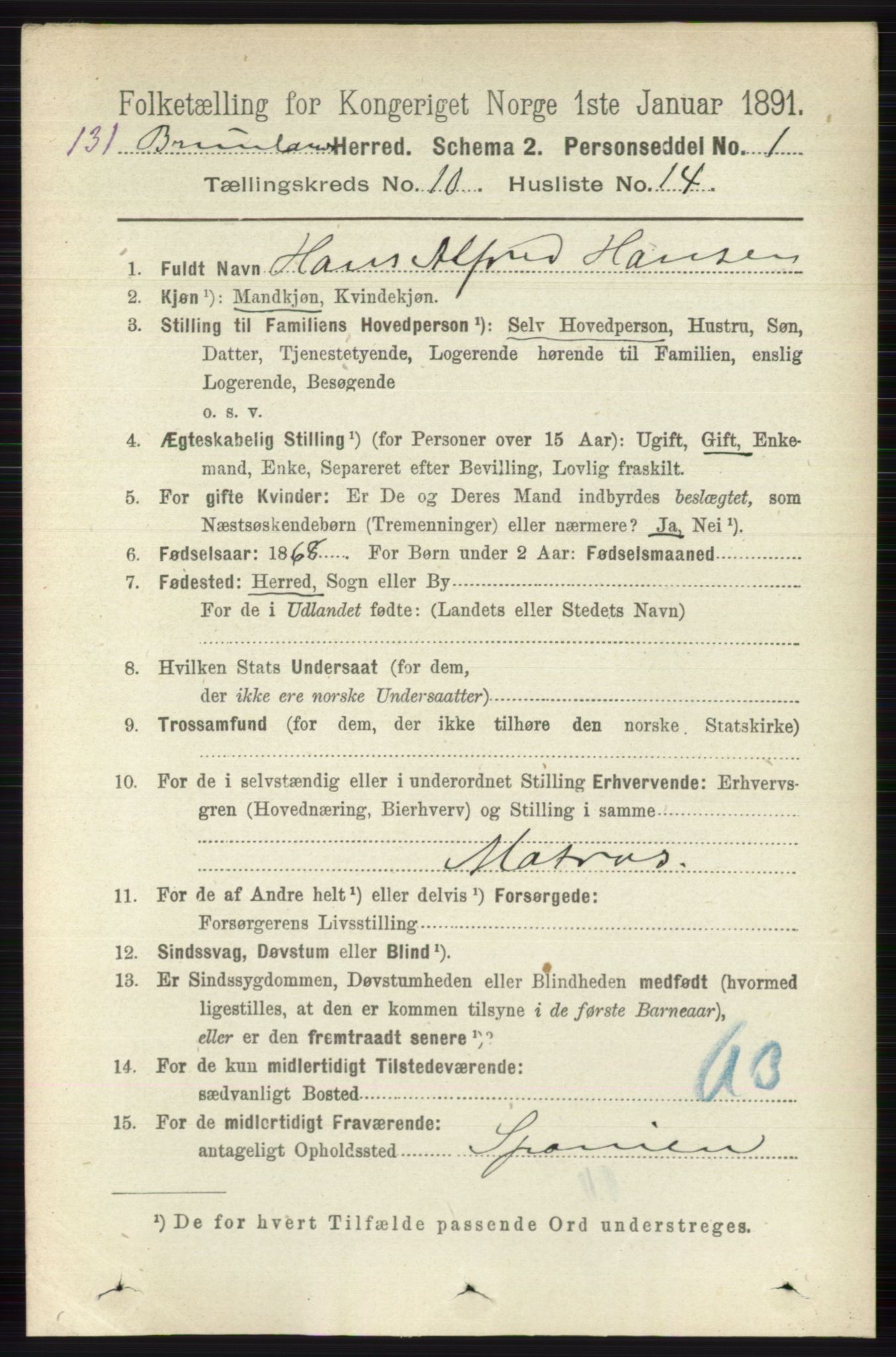 RA, 1891 census for 0726 Brunlanes, 1891, p. 4863