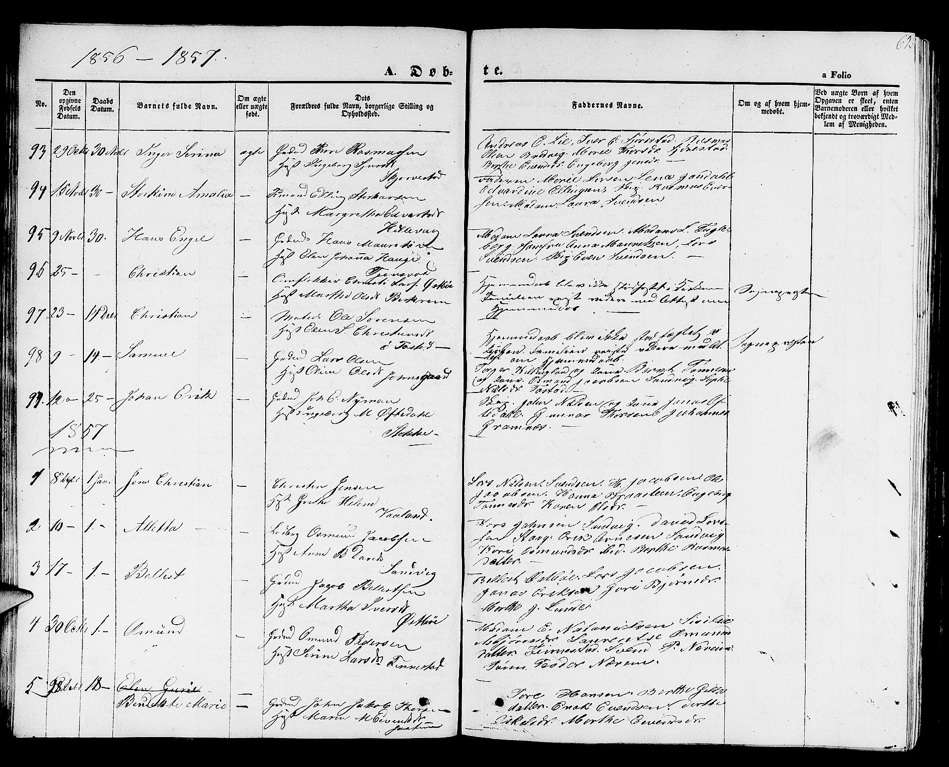 Hetland sokneprestkontor, AV/SAST-A-101826/30/30BB/L0001: Parish register (copy) no. B 1, 1850-1868, p. 62