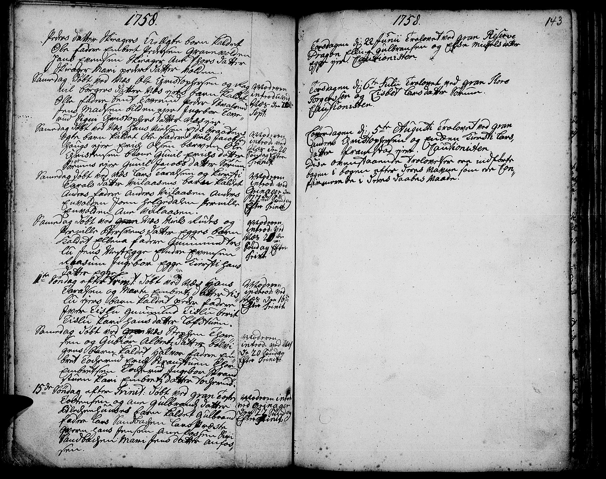 Gran prestekontor, SAH/PREST-112/H/Ha/Haa/L0003: Parish register (official) no. 3, 1745-1758, p. 143