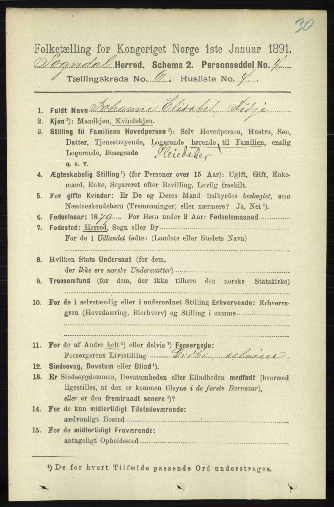 RA, 1891 census for 1111 Sokndal, 1891, p. 1658