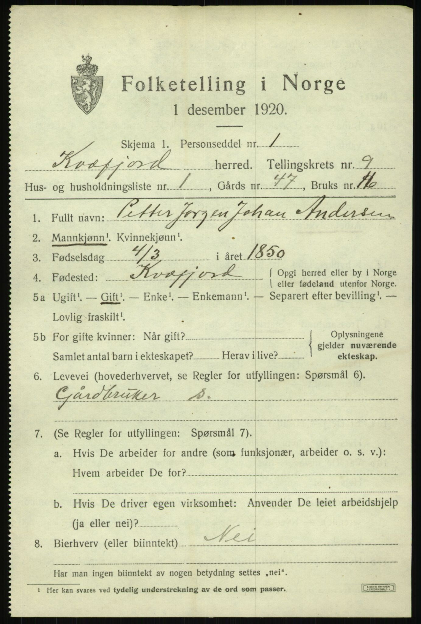 SATØ, 1920 census for Kvæfjord, 1920, p. 4185