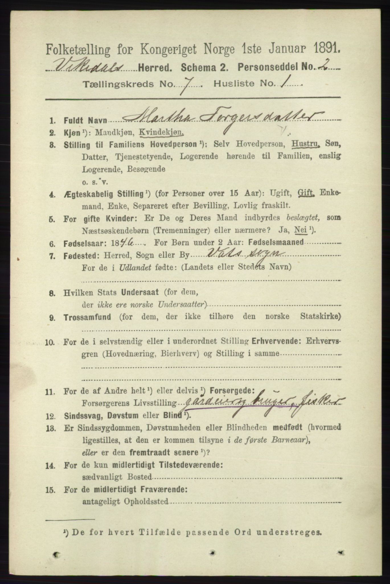 RA, 1891 census for 1157 Vikedal, 1891, p. 2035