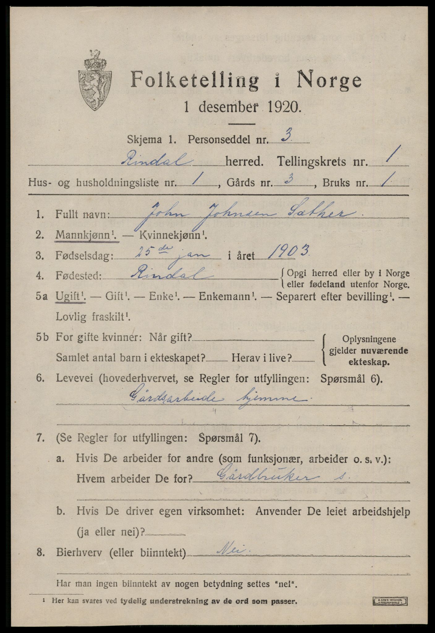 SAT, 1920 census for Rindal, 1920, p. 826