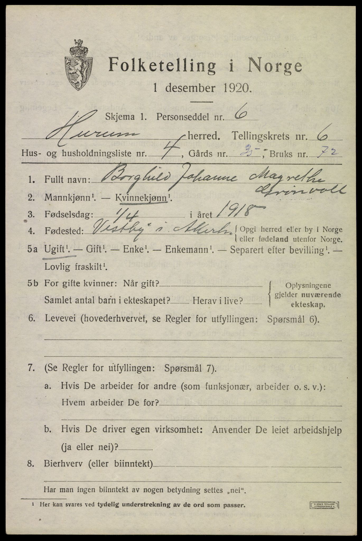 SAKO, 1920 census for Hurum, 1920, p. 7126