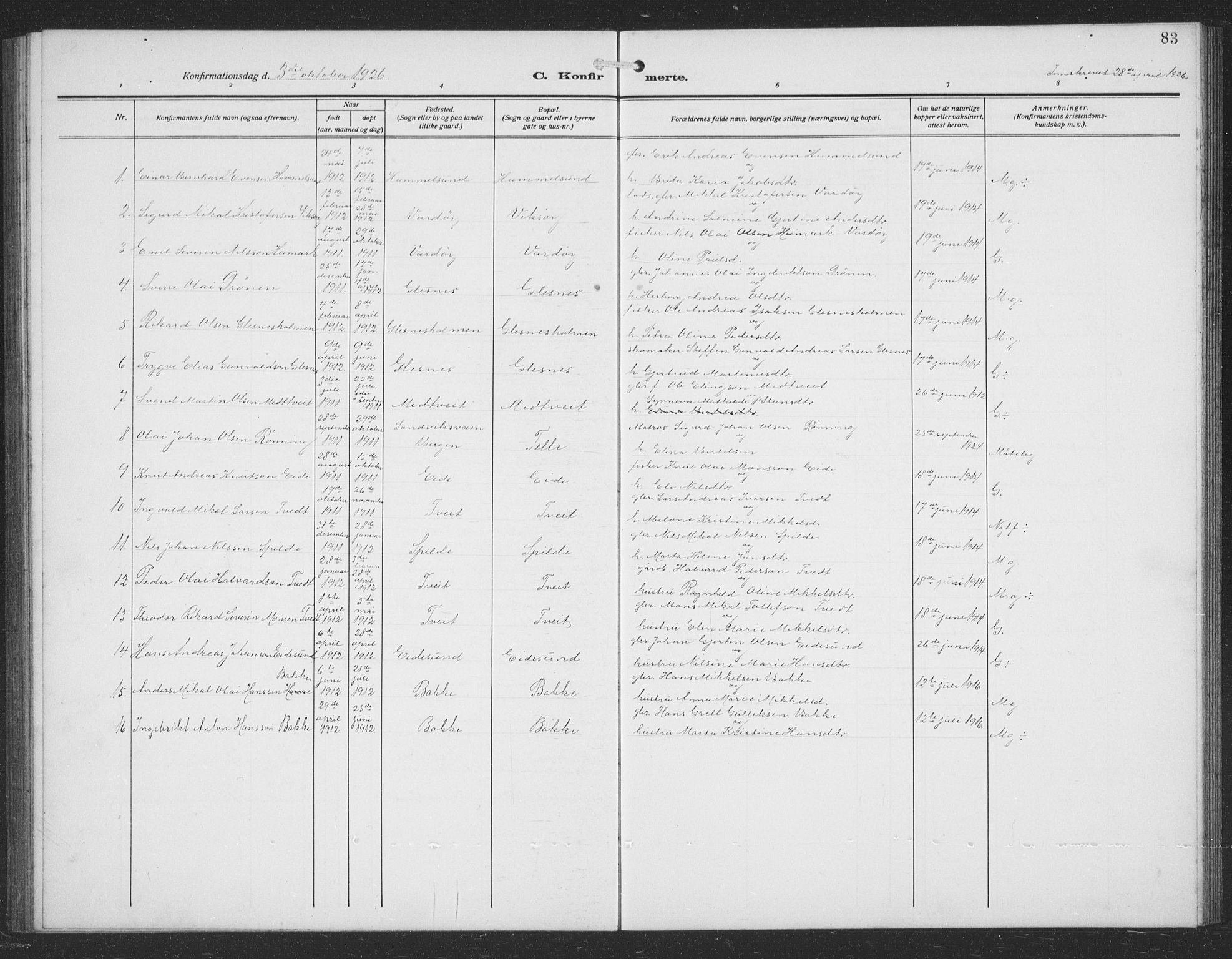 Sund sokneprestembete, AV/SAB-A-99930: Parish register (copy) no. C 1, 1913-1928, p. 83