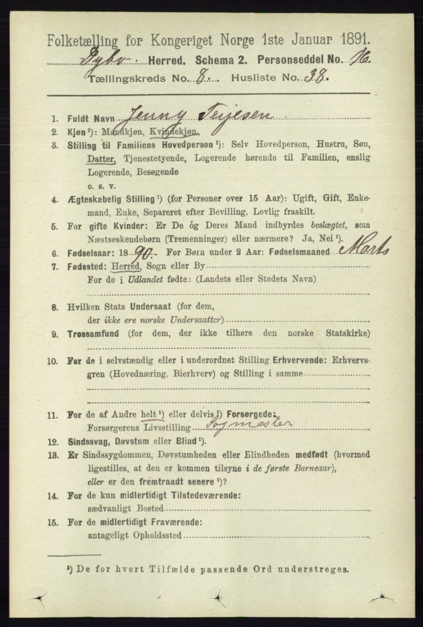 RA, 1891 census for 0915 Dypvåg, 1891, p. 2968