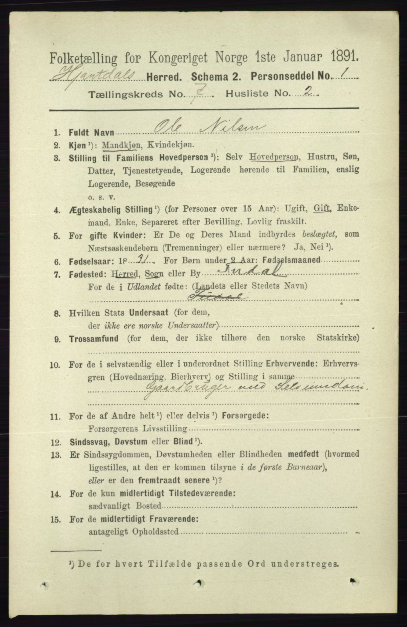 RA, 1891 census for 0827 Hjartdal, 1891, p. 2544