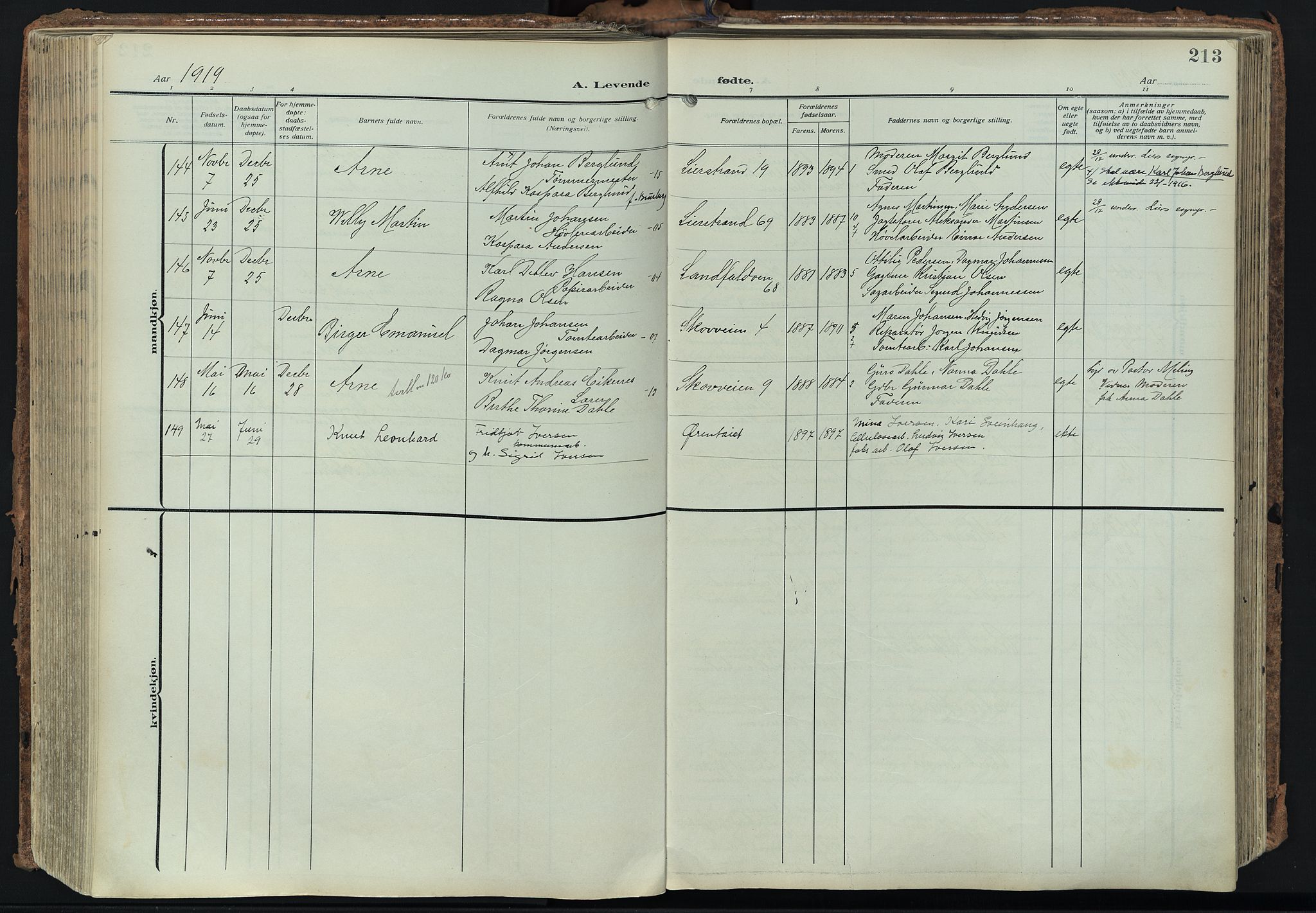 Bragernes kirkebøker, SAKO/A-6/F/Fb/L0010: Parish register (official) no. II 10, 1911-1922, p. 213