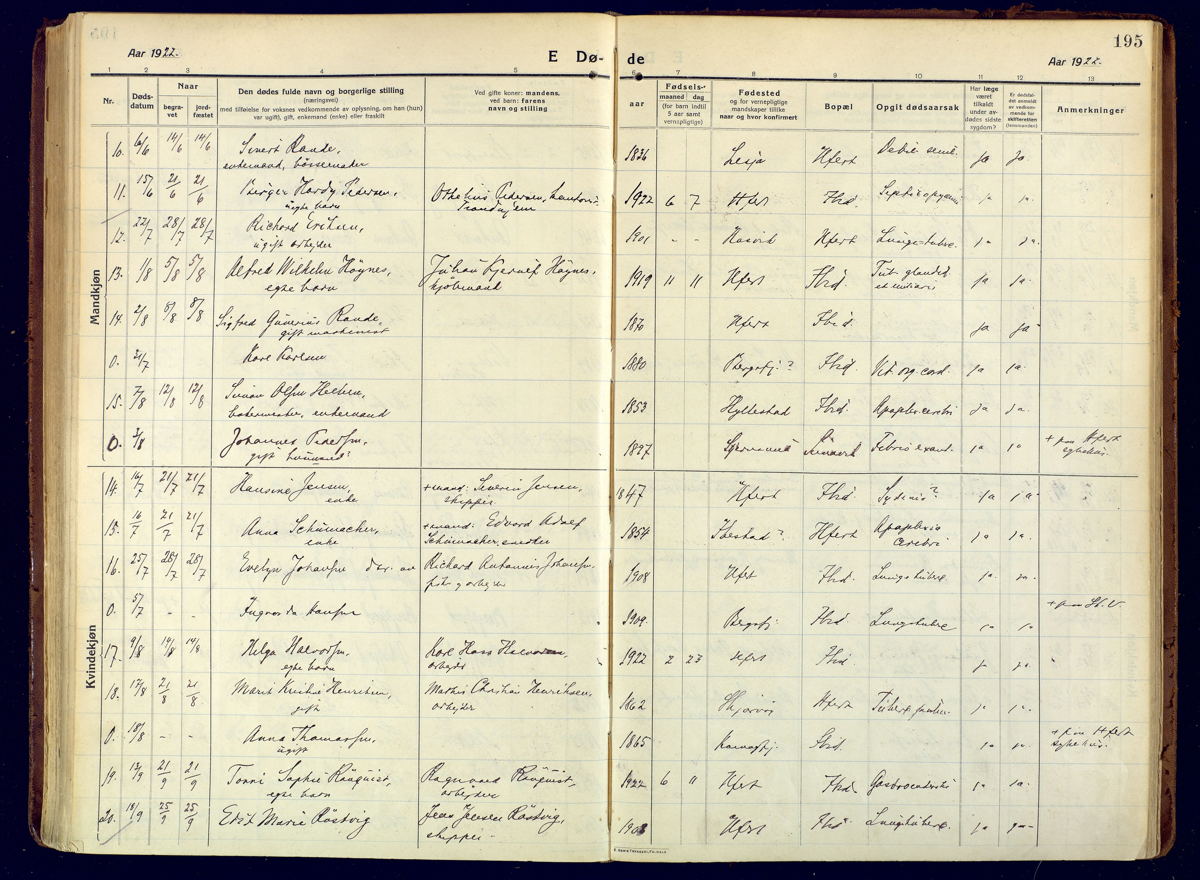 Hammerfest sokneprestkontor, AV/SATØ-S-1347/H/Ha/L0015.kirke: Parish register (official) no. 15, 1916-1923, p. 195