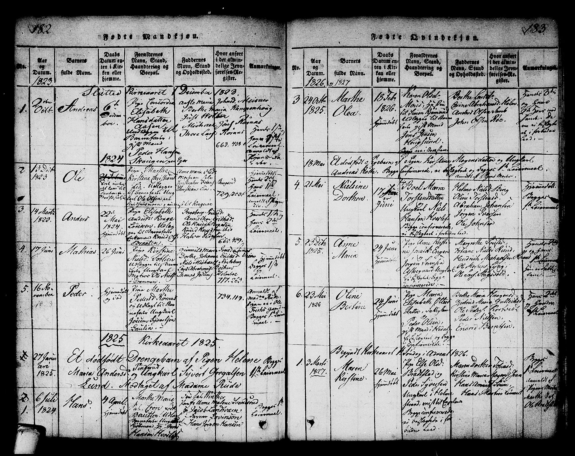 Kongsberg kirkebøker, AV/SAKO-A-22/G/Ga/L0001: Parish register (copy) no. 1, 1816-1839, p. 182-183