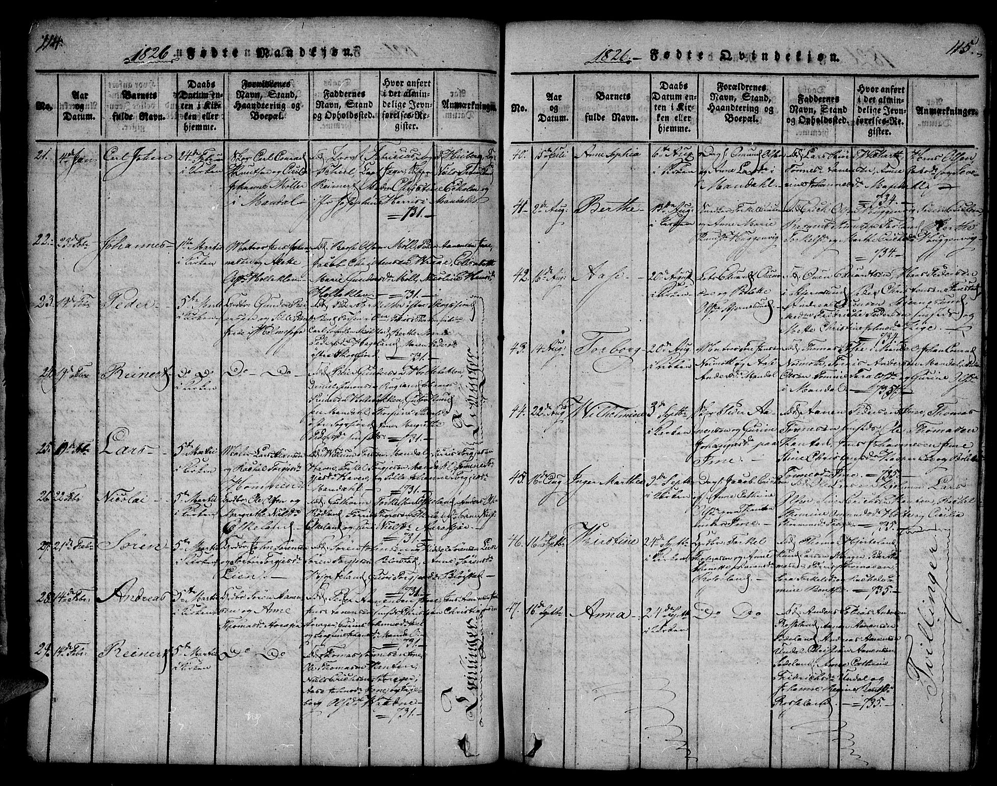 Mandal sokneprestkontor, AV/SAK-1111-0030/F/Fa/Faa/L0010: Parish register (official) no. A 10, 1817-1830, p. 114-115