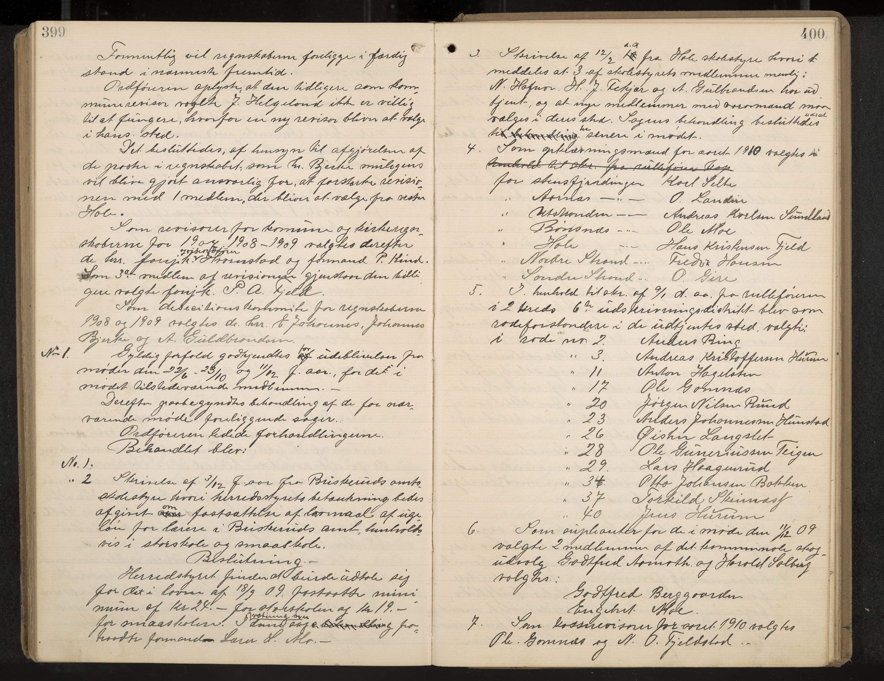 Hole formannskap og sentraladministrasjon, IKAK/0612021-1/A/Aa/L0004: Møtebok med register, 1902-1910, p. 399-400