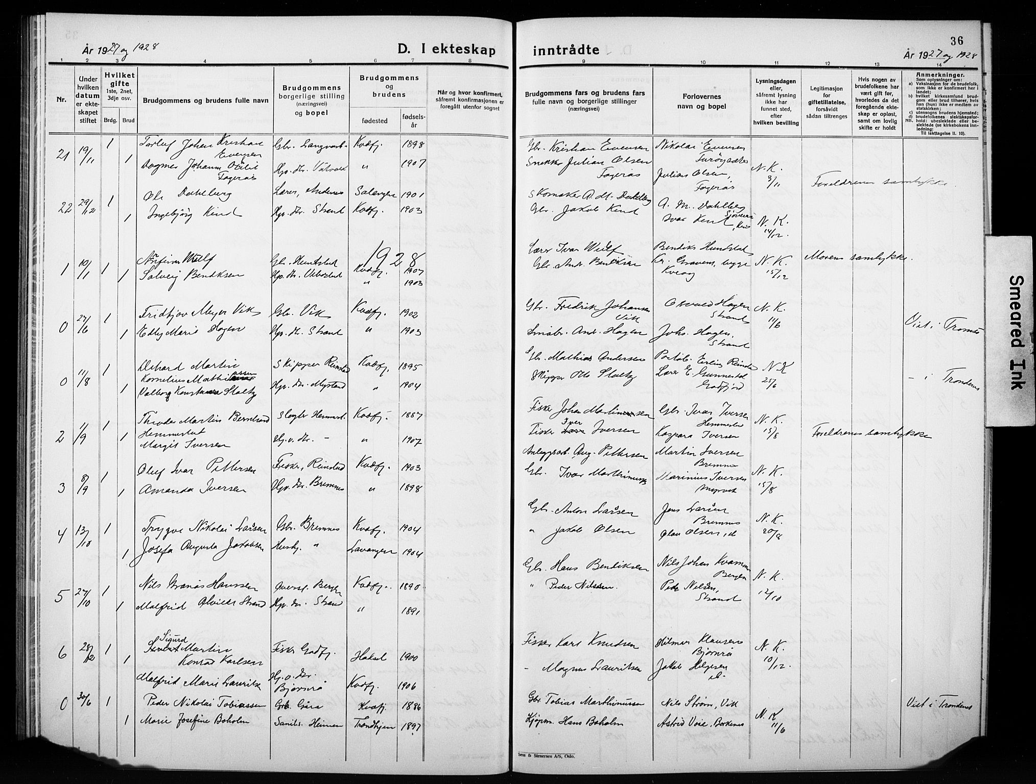 Kvæfjord sokneprestkontor, AV/SATØ-S-1323/G/Ga/Gab/L0007klokker: Parish register (copy) no. 7, 1926-1931, p. 36
