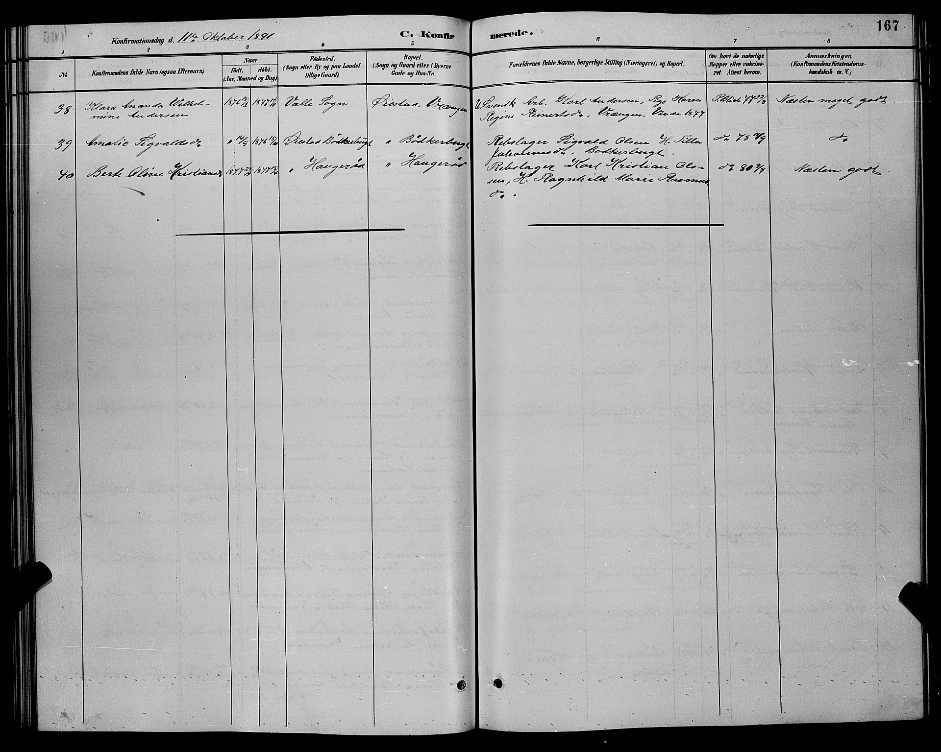 Øyestad sokneprestkontor, AV/SAK-1111-0049/F/Fb/L0009: Parish register (copy) no. B 9, 1886-1896, p. 167