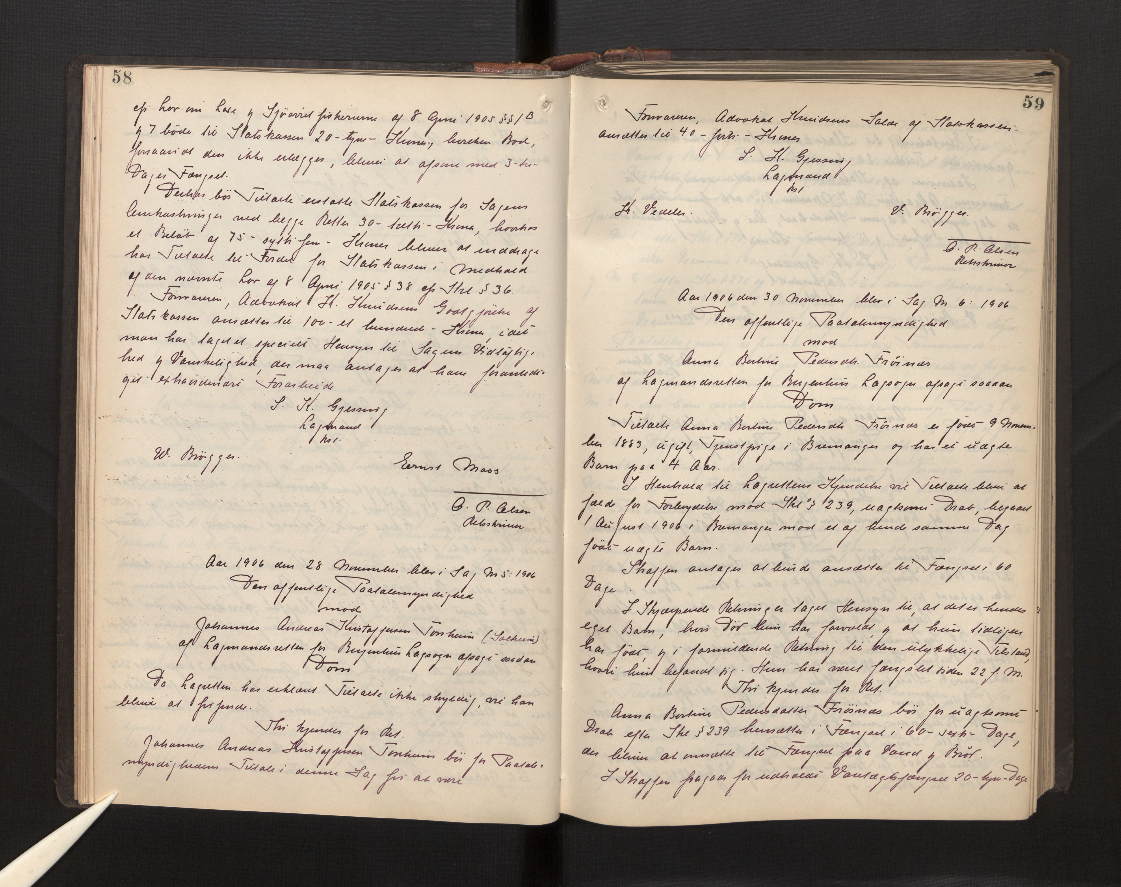 Gulating lagmannsrett, AV/SAB-A-60201/D/Da/L0002: Domsprotokoll for straffesaker - Gula- og Frostating lagdømme., 1906-1910, p. 58-59