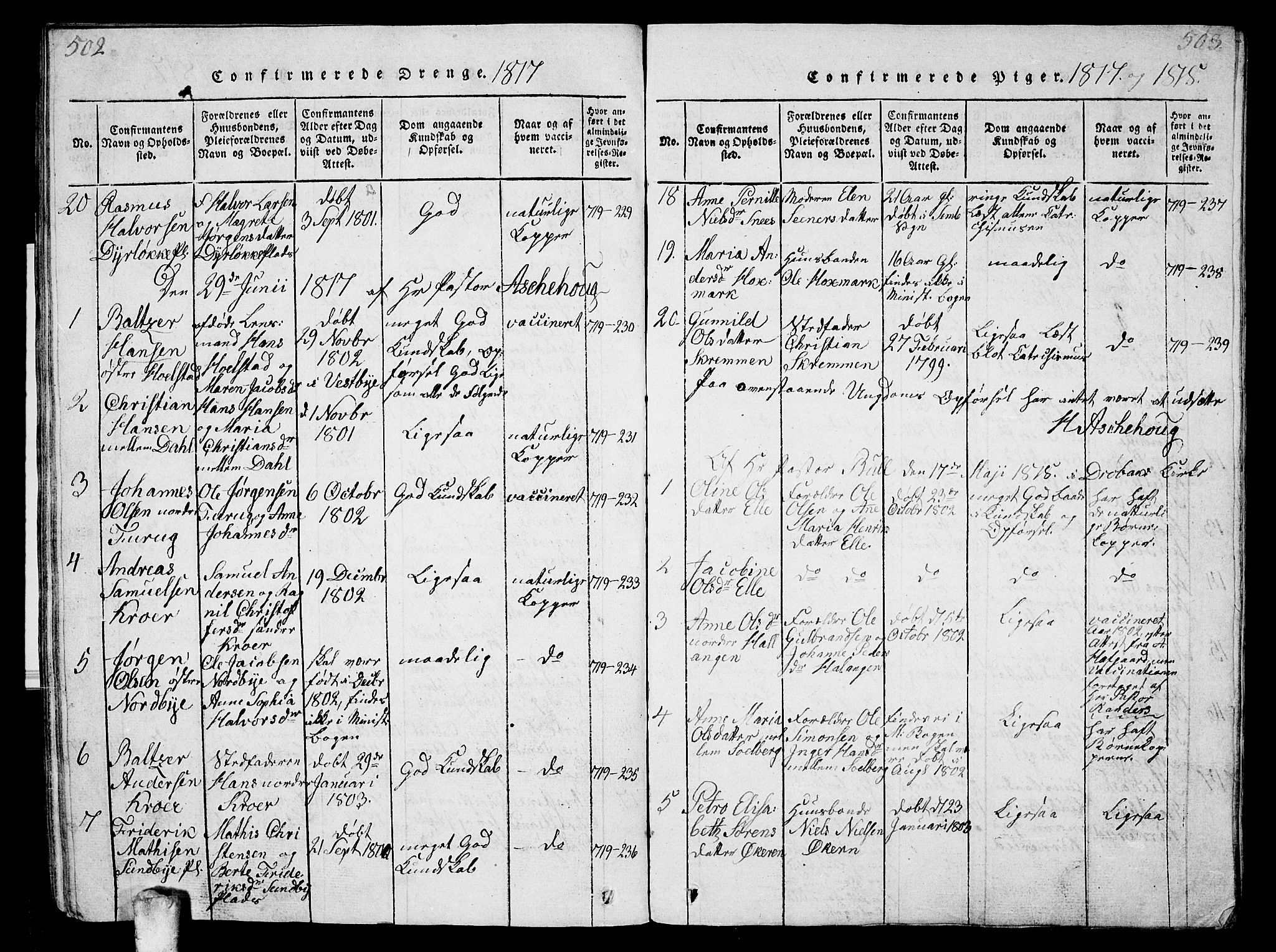 Ås prestekontor Kirkebøker, AV/SAO-A-10894/G/Ga/L0001: Parish register (copy) no. I 1, 1814-1820, p. 502-503