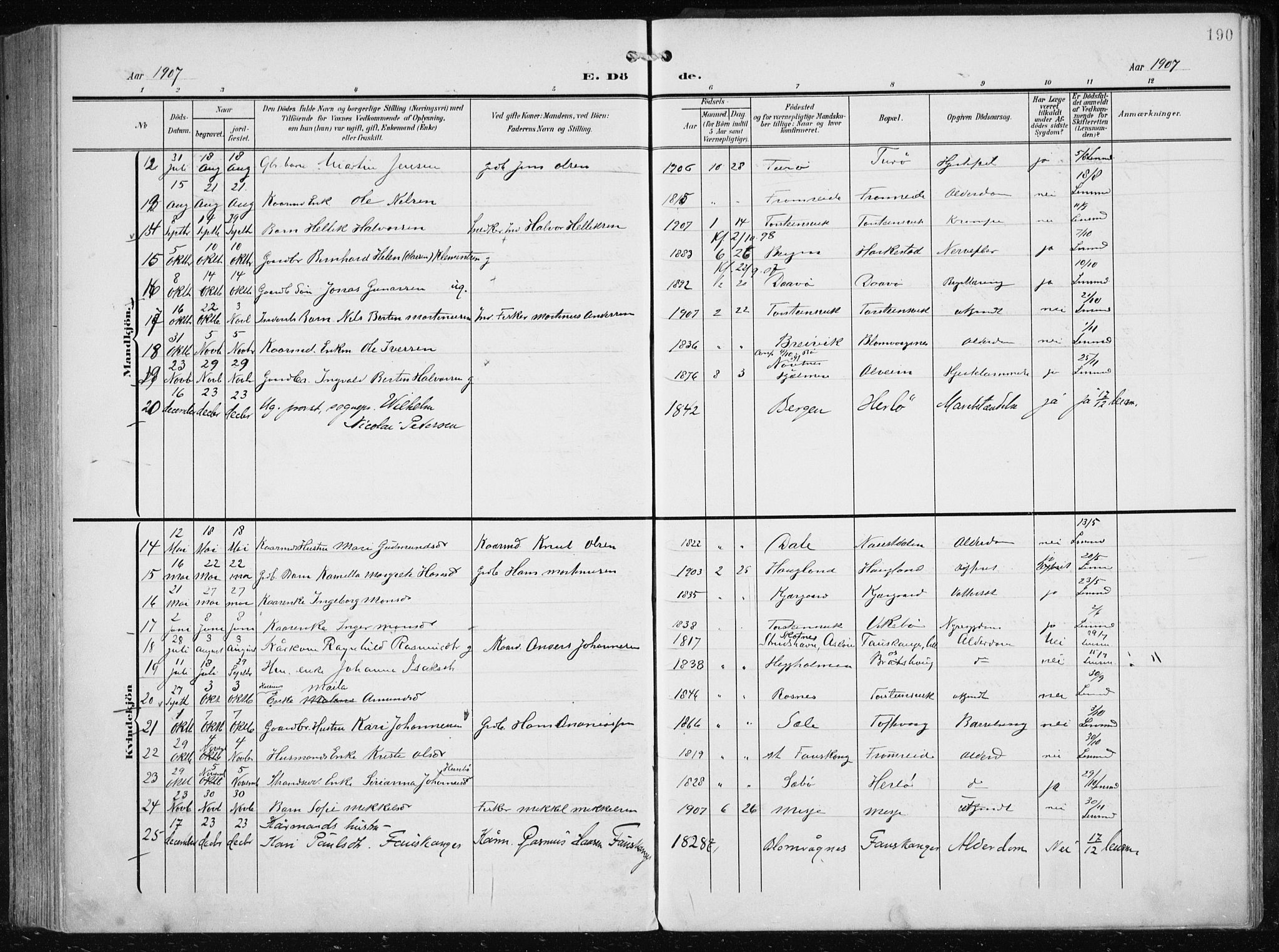 Herdla Sokneprestembete, SAB/A-75701/H/Haa: Parish register (official) no. A 5, 1905-1918, p. 190