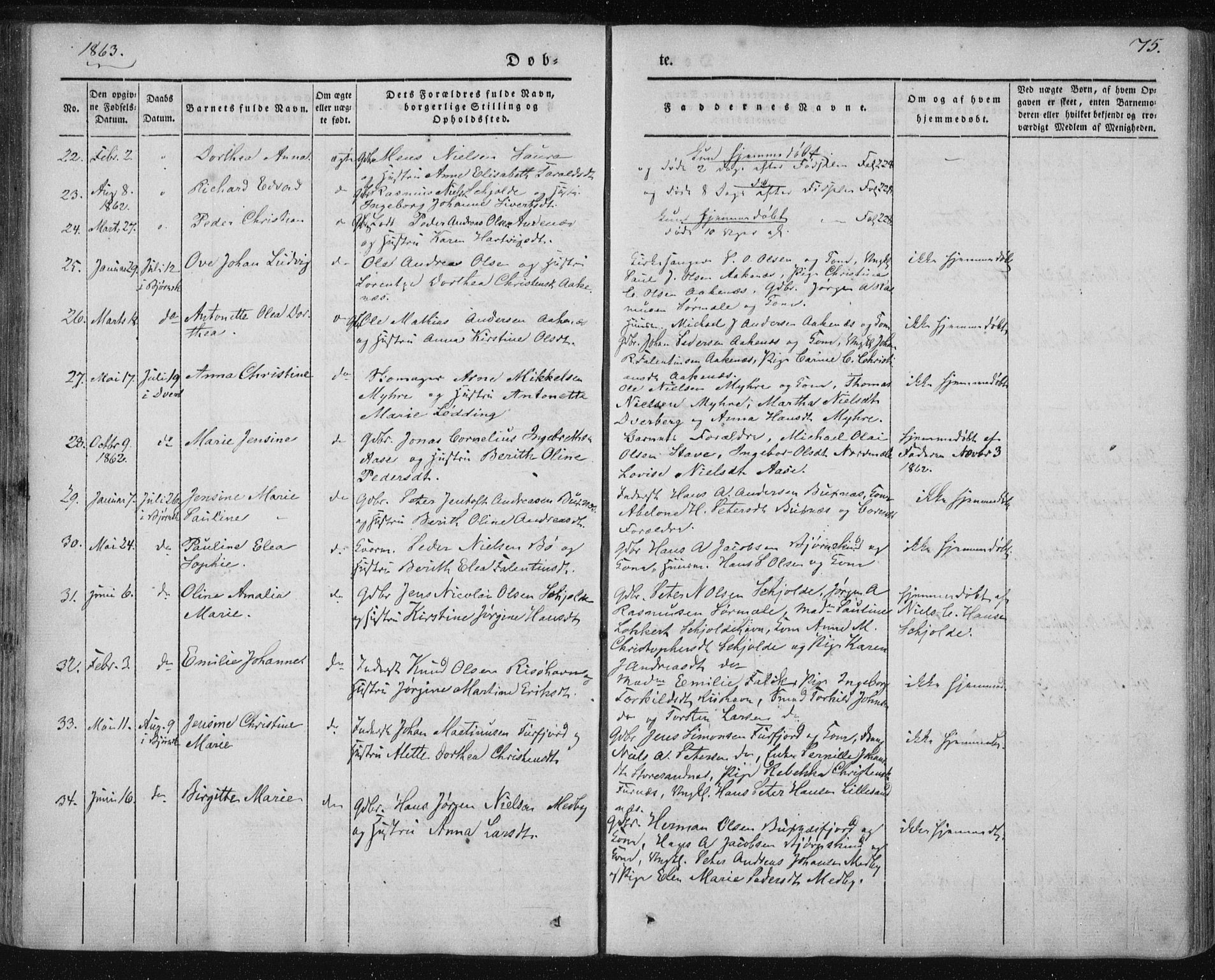 Ministerialprotokoller, klokkerbøker og fødselsregistre - Nordland, AV/SAT-A-1459/897/L1396: Parish register (official) no. 897A04, 1842-1866, p. 75