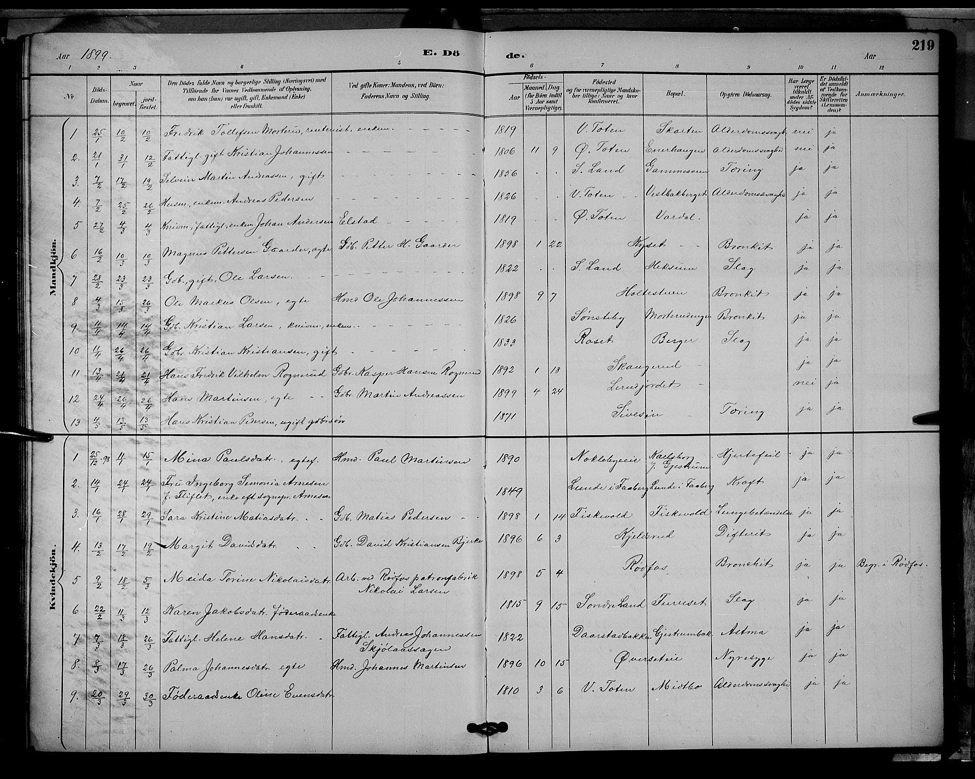Vestre Toten prestekontor, SAH/PREST-108/H/Ha/Hab/L0009: Parish register (copy) no. 9, 1888-1900, p. 219