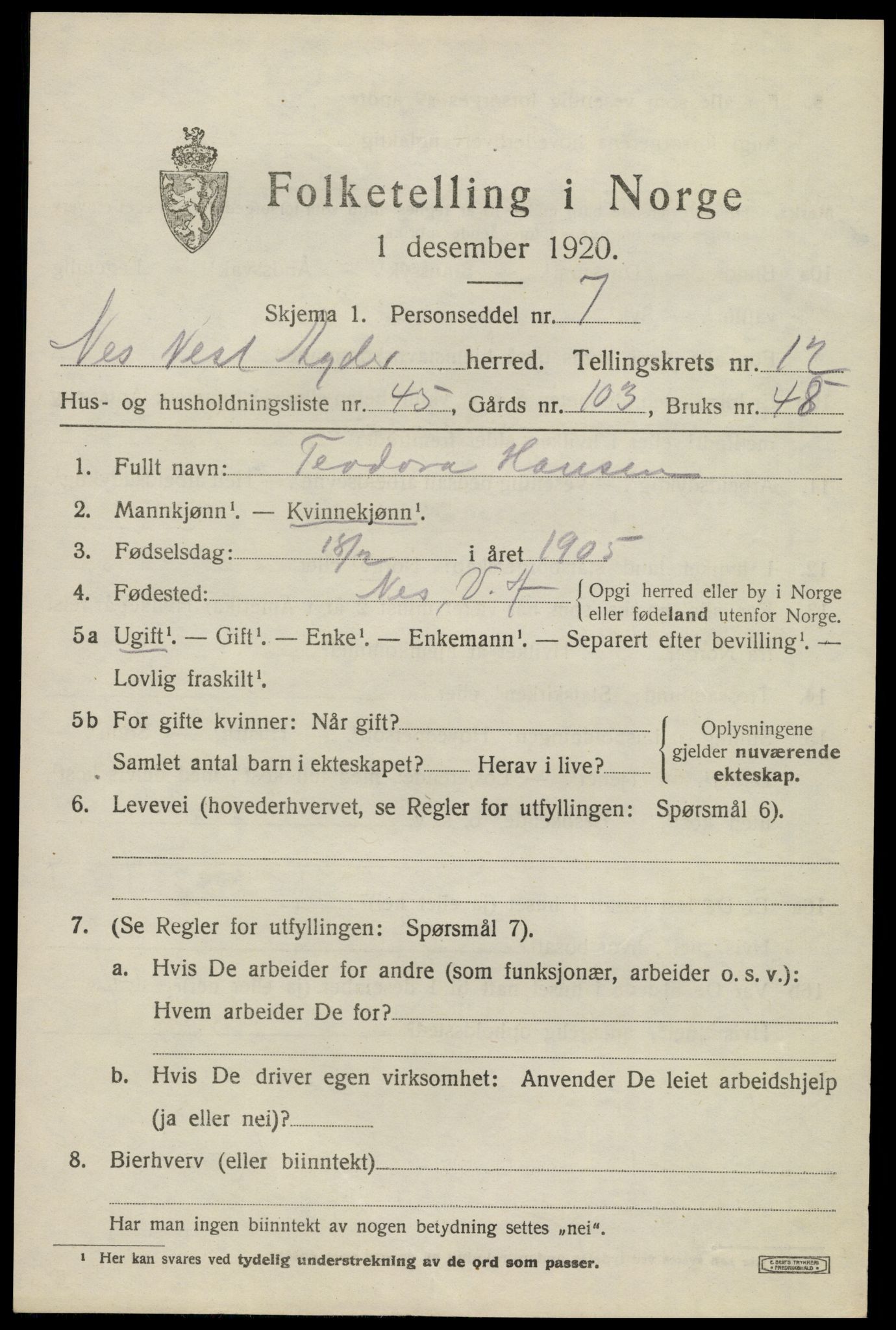 SAK, 1920 census for Nes (V-A), 1920, p. 4816