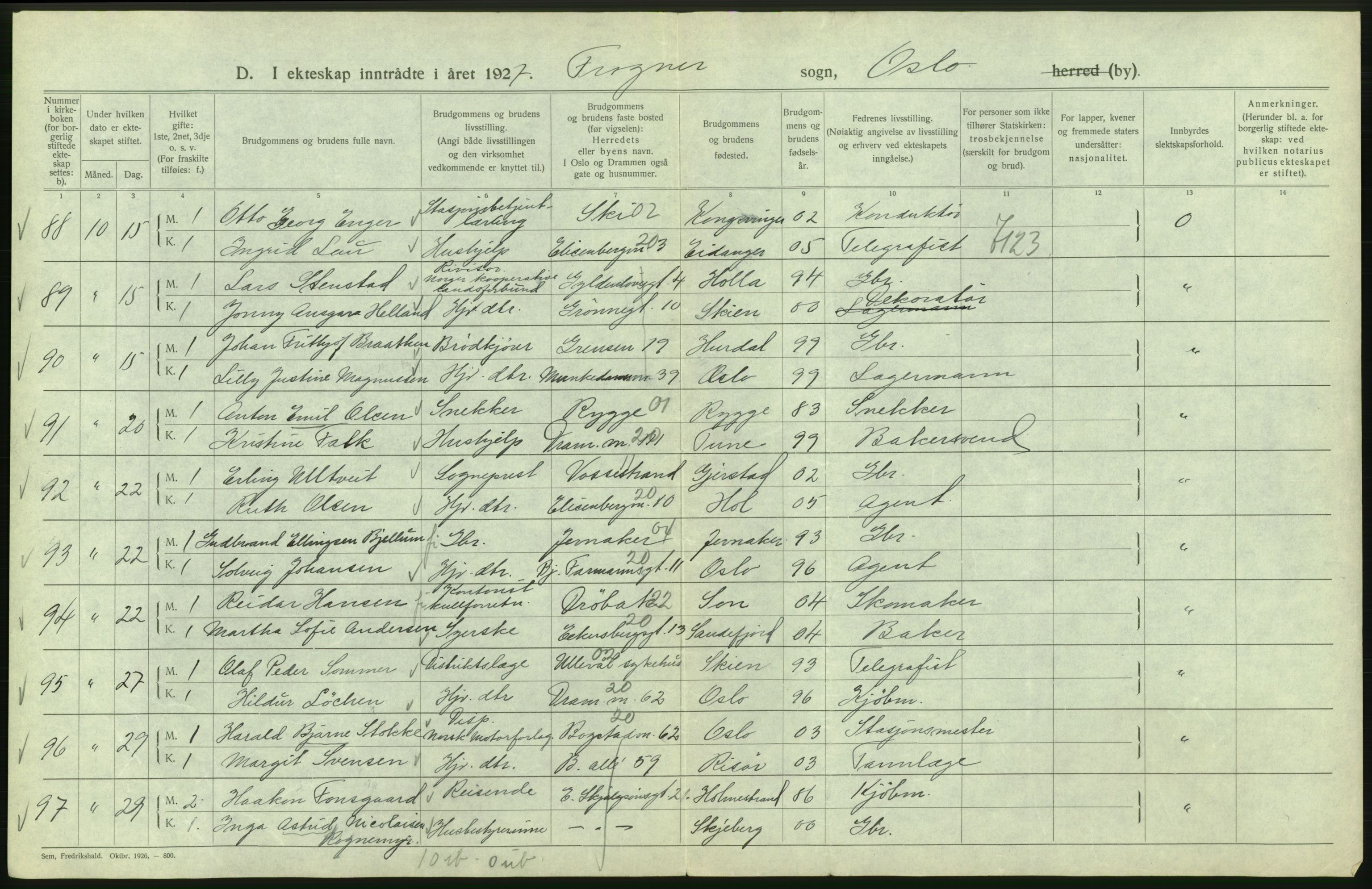 Statistisk sentralbyrå, Sosiodemografiske emner, Befolkning, AV/RA-S-2228/D/Df/Dfc/Dfcg/L0008: Oslo: Gifte, 1927, p. 188