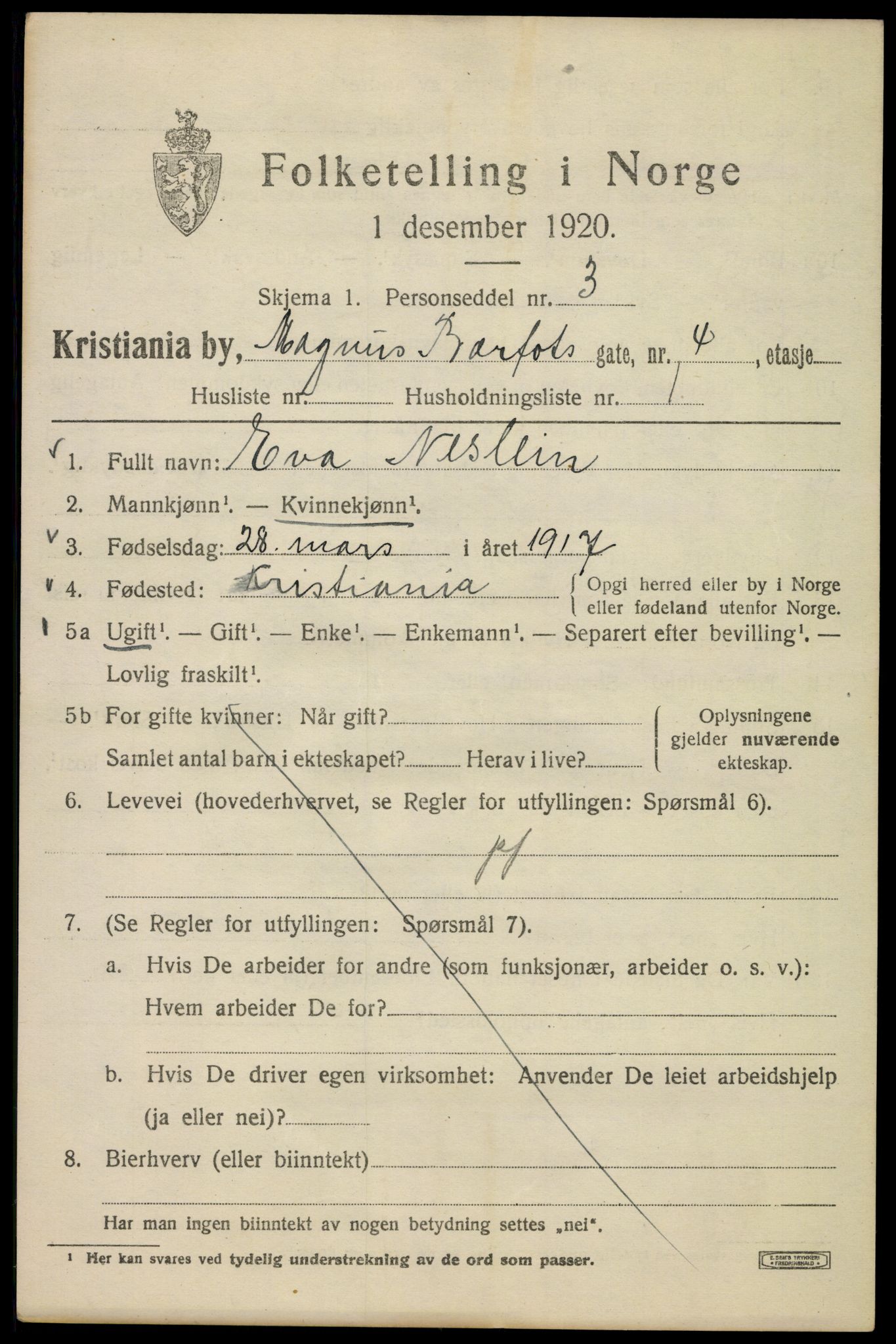 SAO, 1920 census for Kristiania, 1920, p. 369083