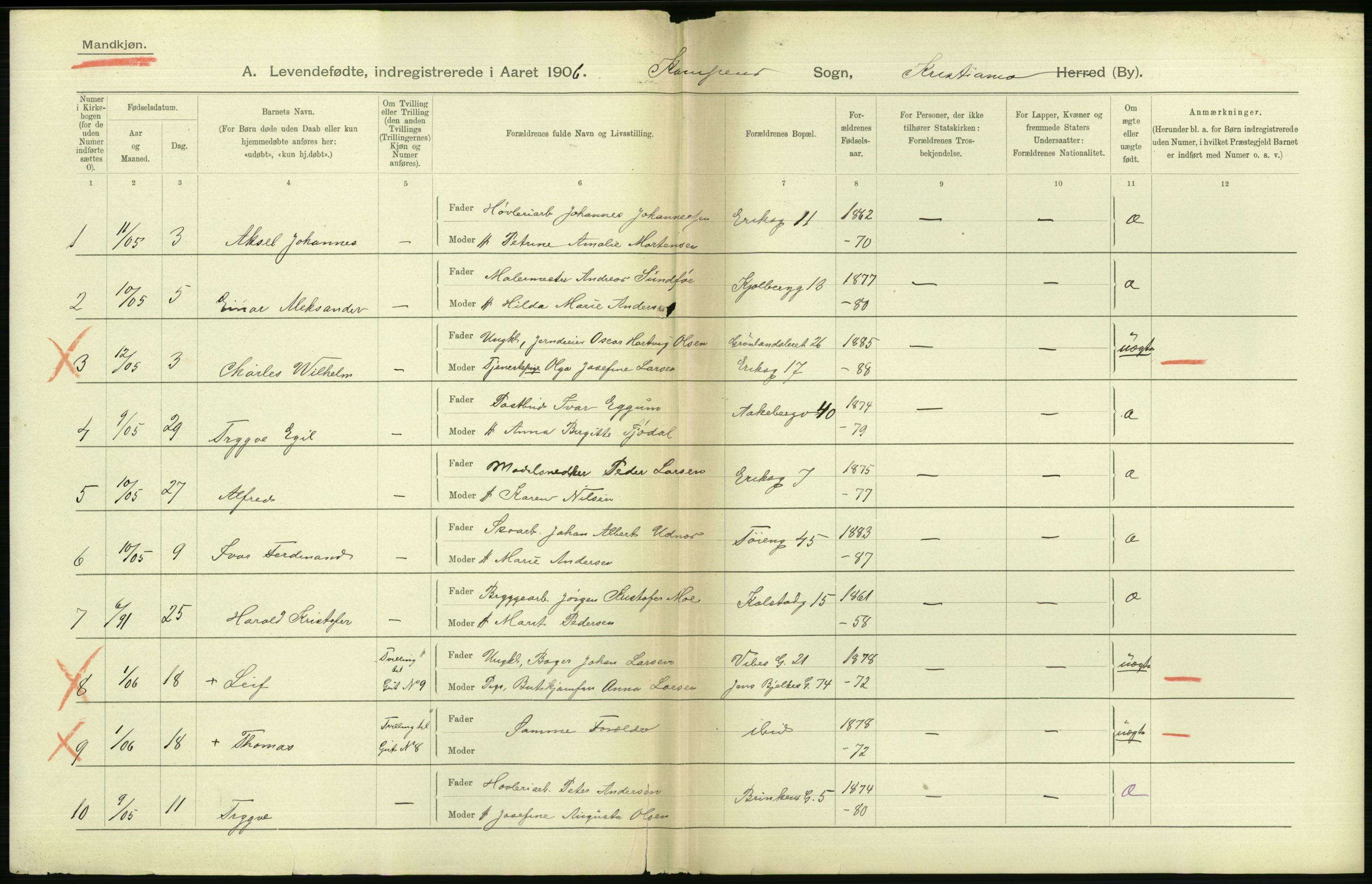 Statistisk sentralbyrå, Sosiodemografiske emner, Befolkning, AV/RA-S-2228/D/Df/Dfa/Dfad/L0007: Kristiania: Levendefødte menn og kvinner., 1906, p. 694