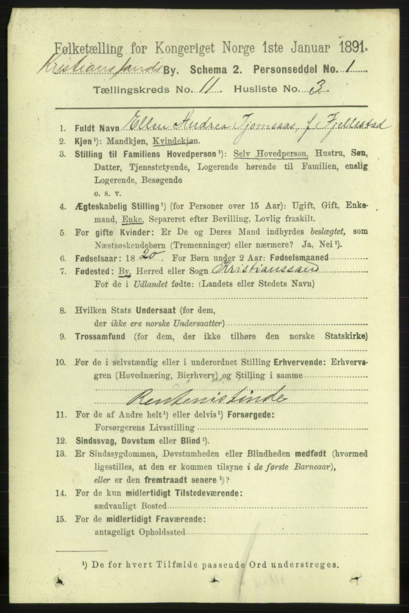 RA, 1891 census for 1001 Kristiansand, 1891, p. 5599