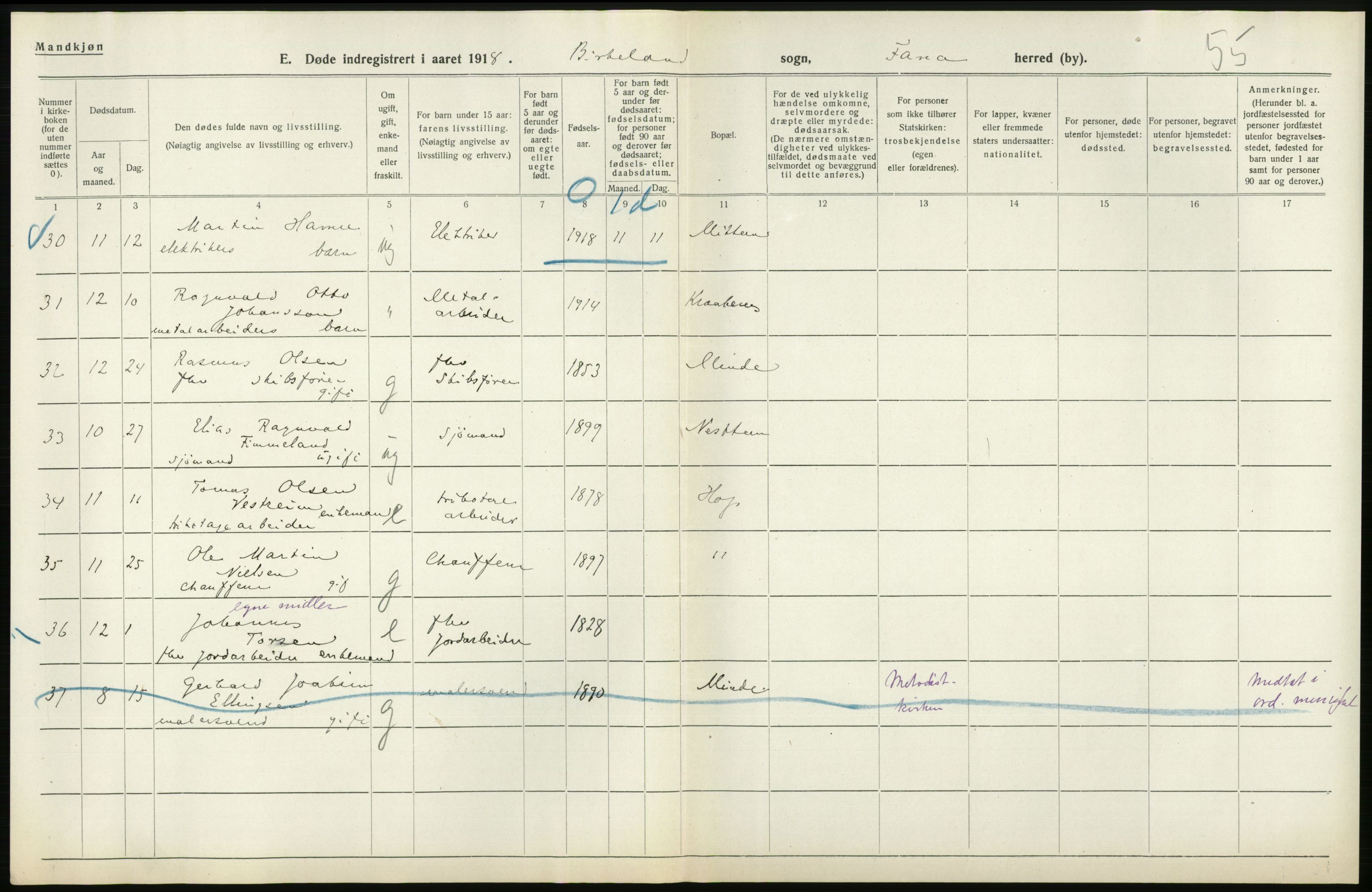 Statistisk sentralbyrå, Sosiodemografiske emner, Befolkning, AV/RA-S-2228/D/Df/Dfb/Dfbh/L0036: Hordaland fylke: Døde., 1918, p. 146