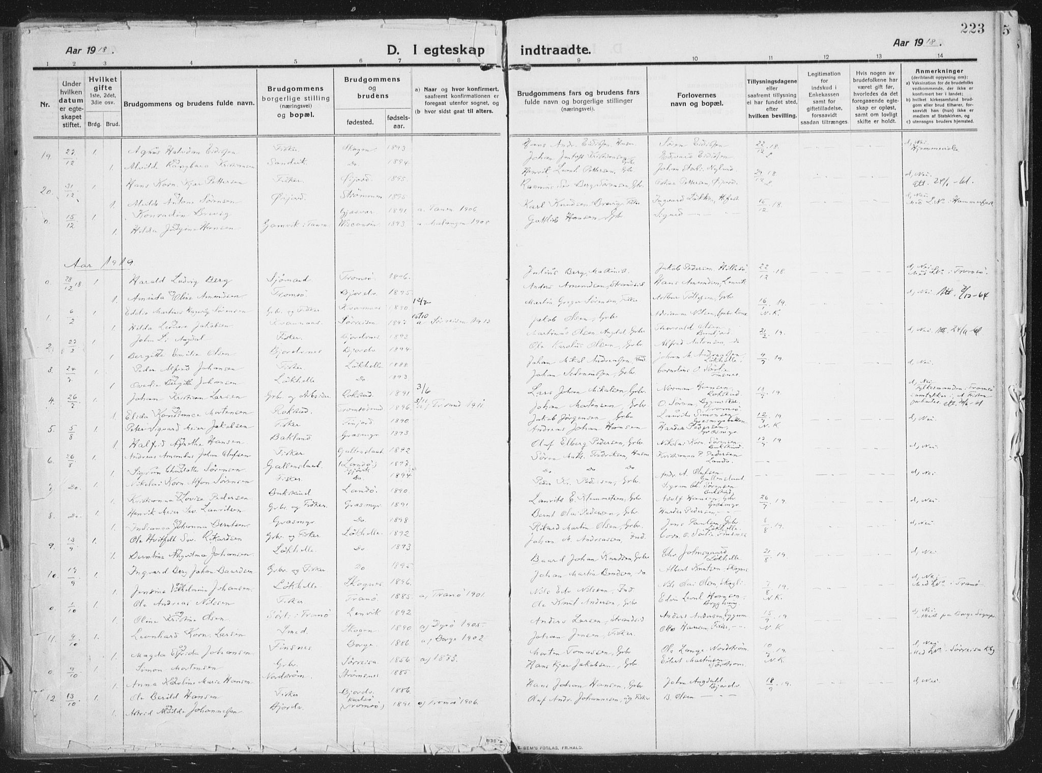 Lenvik sokneprestembete, AV/SATØ-S-1310/H/Ha/Haa/L0016kirke: Parish register (official) no. 16, 1910-1924, p. 223