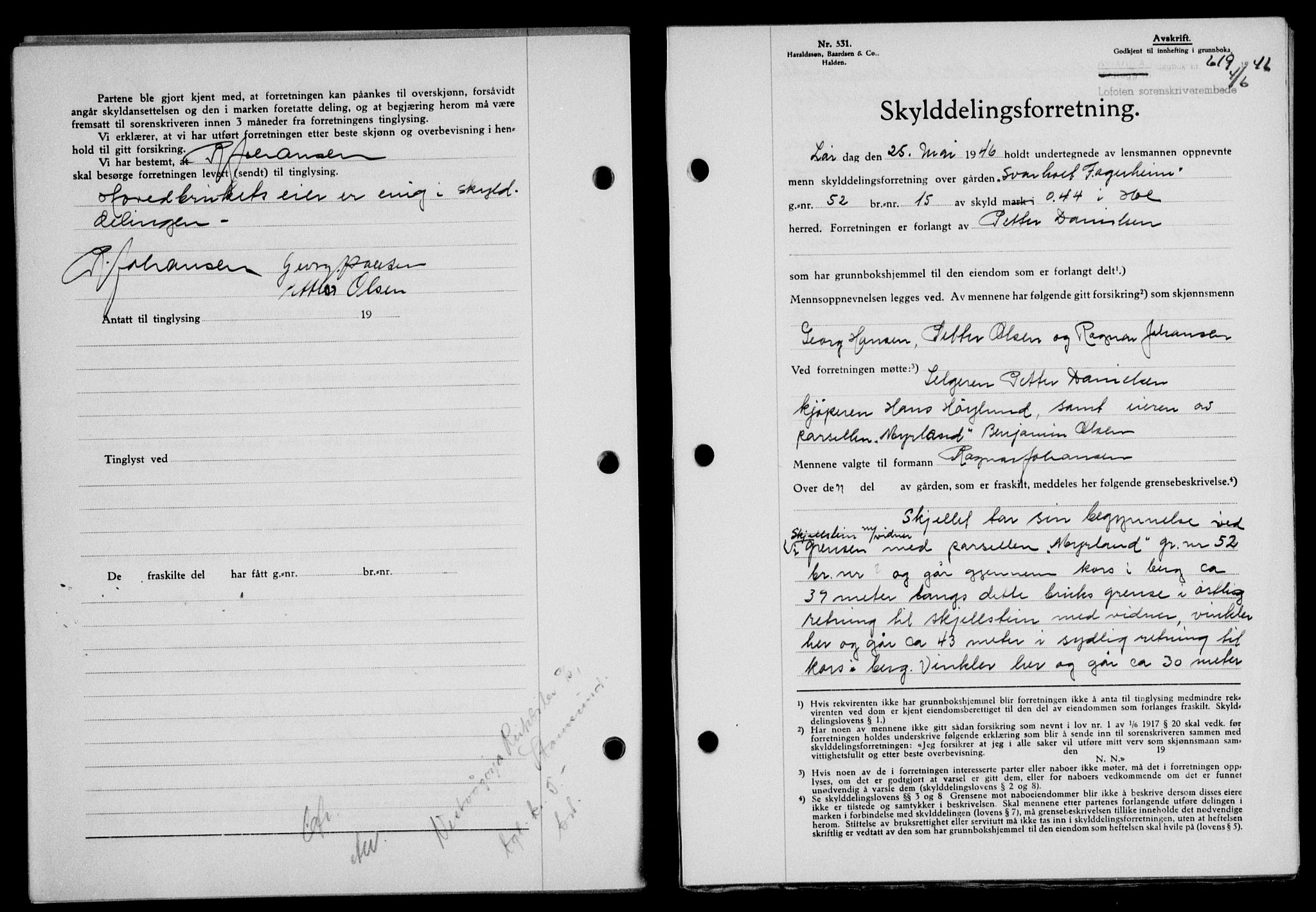 Lofoten sorenskriveri, SAT/A-0017/1/2/2C/L0014a: Mortgage book no. 14a, 1946-1946, Diary no: : 619/1946