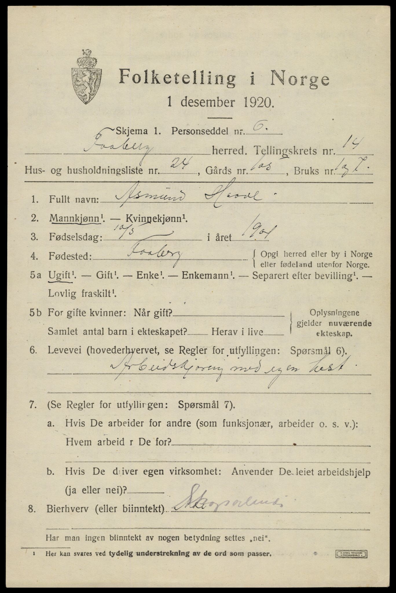 SAH, 1920 census for Fåberg, 1920, p. 15046