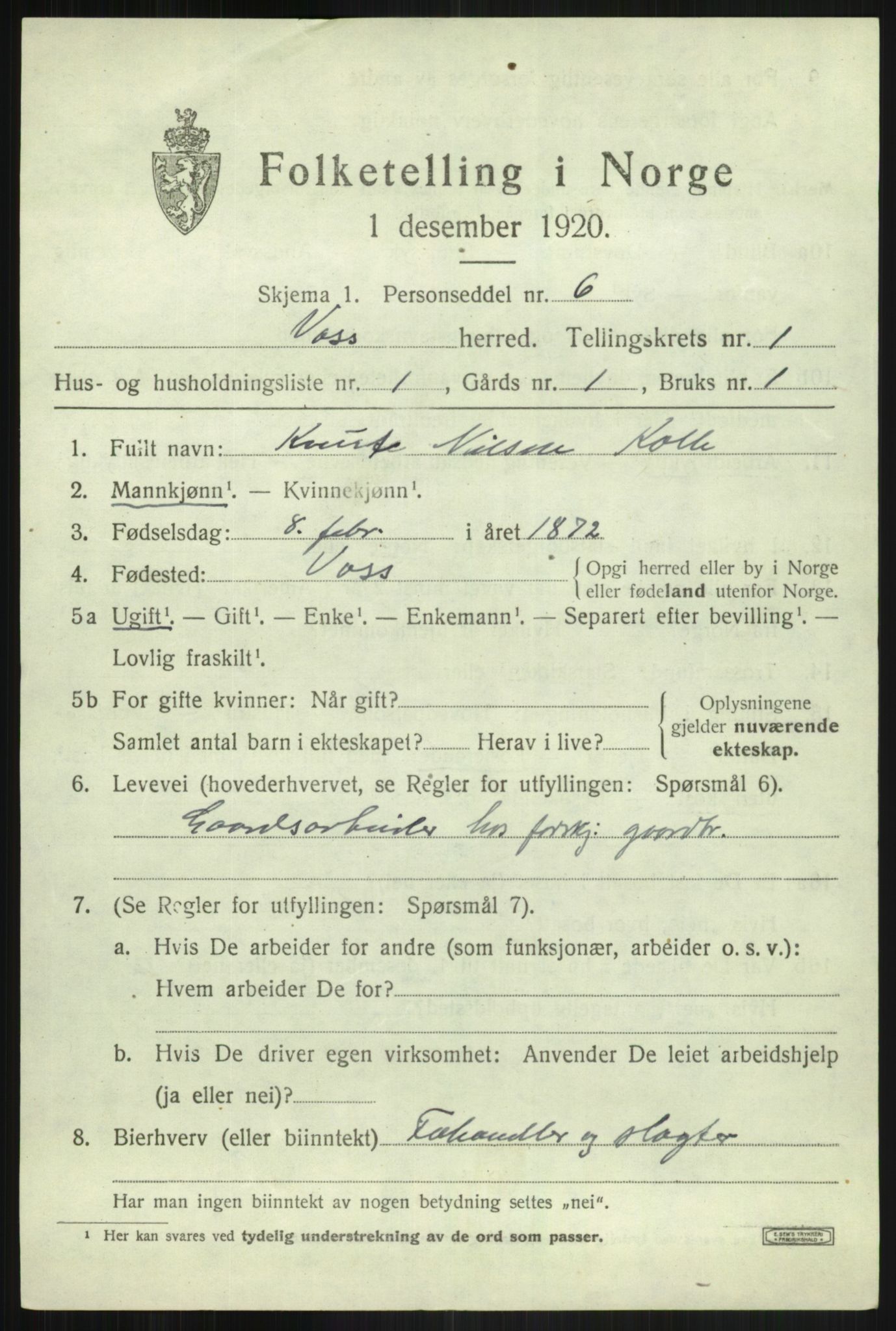 SAB, 1920 census for Voss, 1920, p. 2819